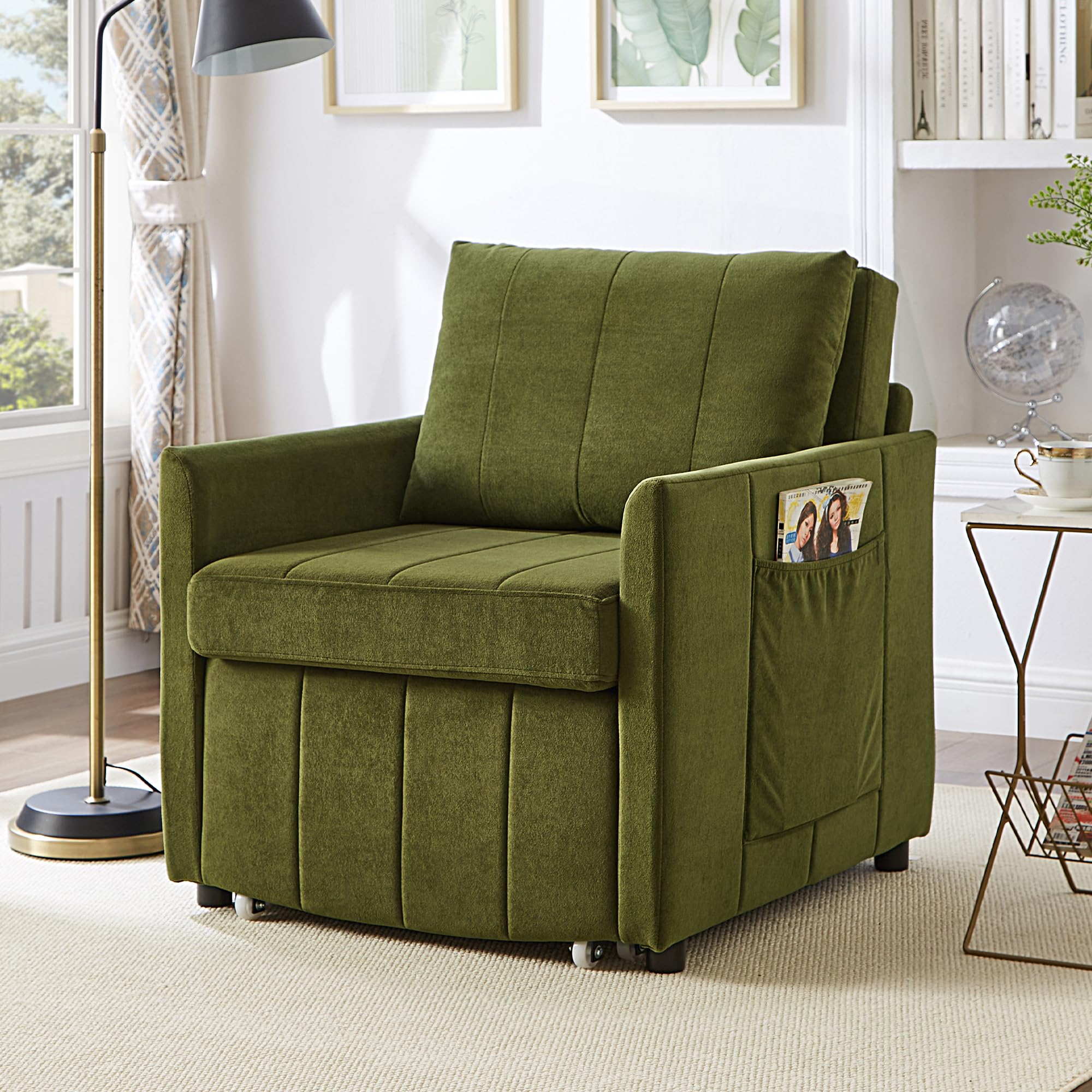 jurmiture 31.5 inch Convertible Sleeper Chair Bed in green, shown in chair configuration in a living room setting.