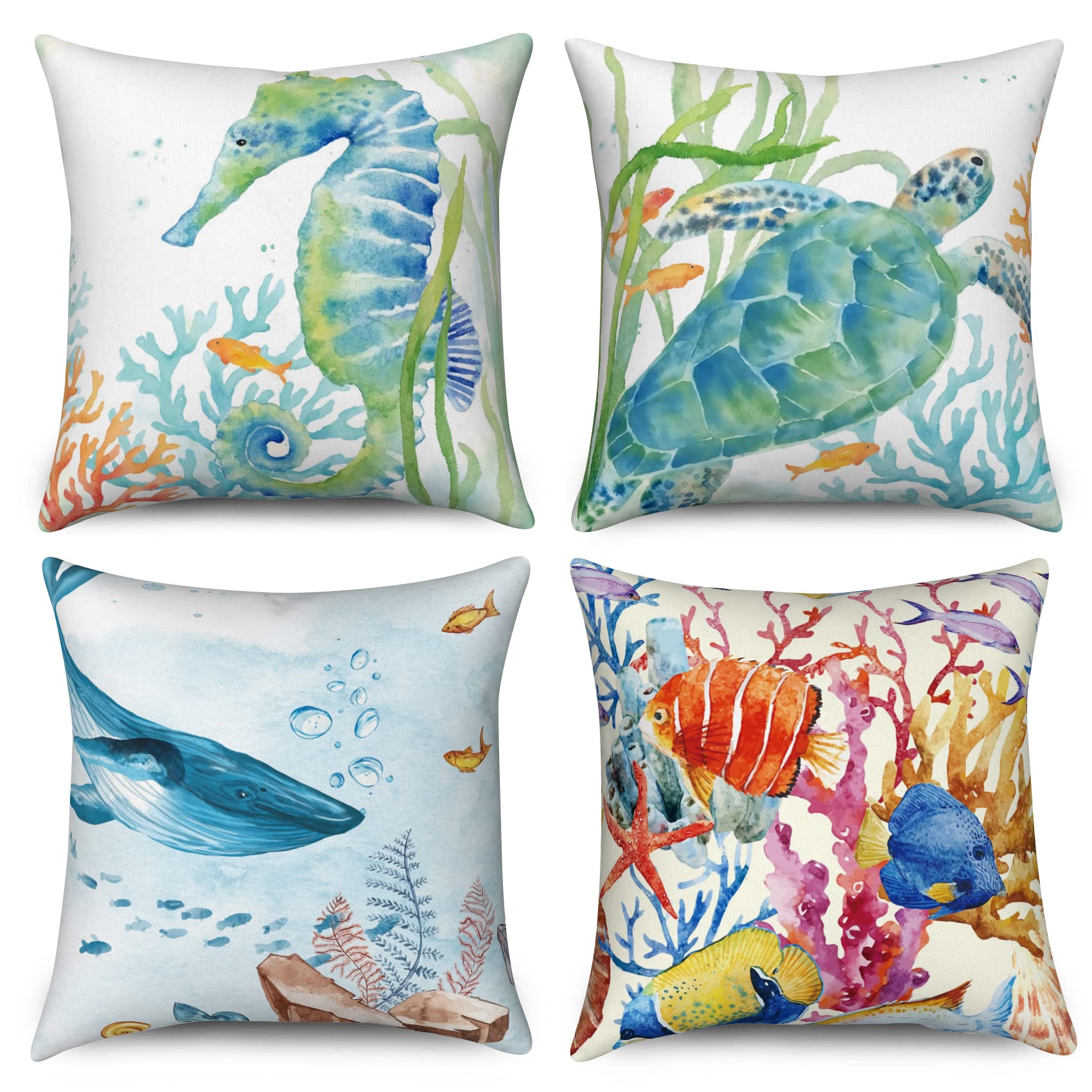 Ocean Theme Pillow Covers 20x20 Set of 4, Seahorse Turtle Whale Throw Pillow Covers Summer Sea Pillowcase Coastal Accent Decorative for Home Outdoor