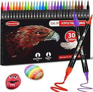 Funnasting Acrylic Paint Pens, 30 Colors Dual Tip Acrylic Paint Markers, Glass Pens with Brush Tip and Fine Tip, Rock Painting Pens for Wood, Canvas, Stone, Ceramic Surfaces, DIY Crafts Making