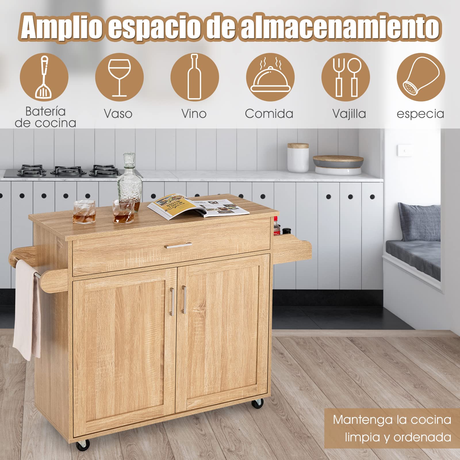 COSTWAY Carrito de Cocina Carro de Servicio Comedor con Ruedas,Toallero,Cajón, Puerta y Estantes Gabinete Mueble de Cocina (Natural)