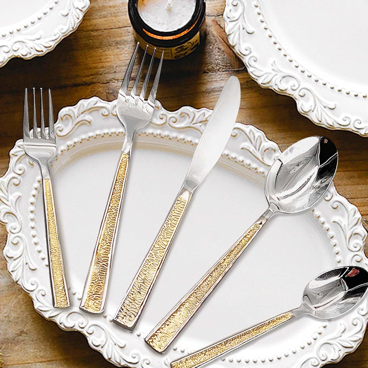 SNAIL GARDEN 40-Piece Gold Flatware Set for 8, 18/10 Stainless Steel Silverware Set with Extended Handle & Small Head, Dishwasher Safe Utensils for Wedding, Housewarming, Everyday Use