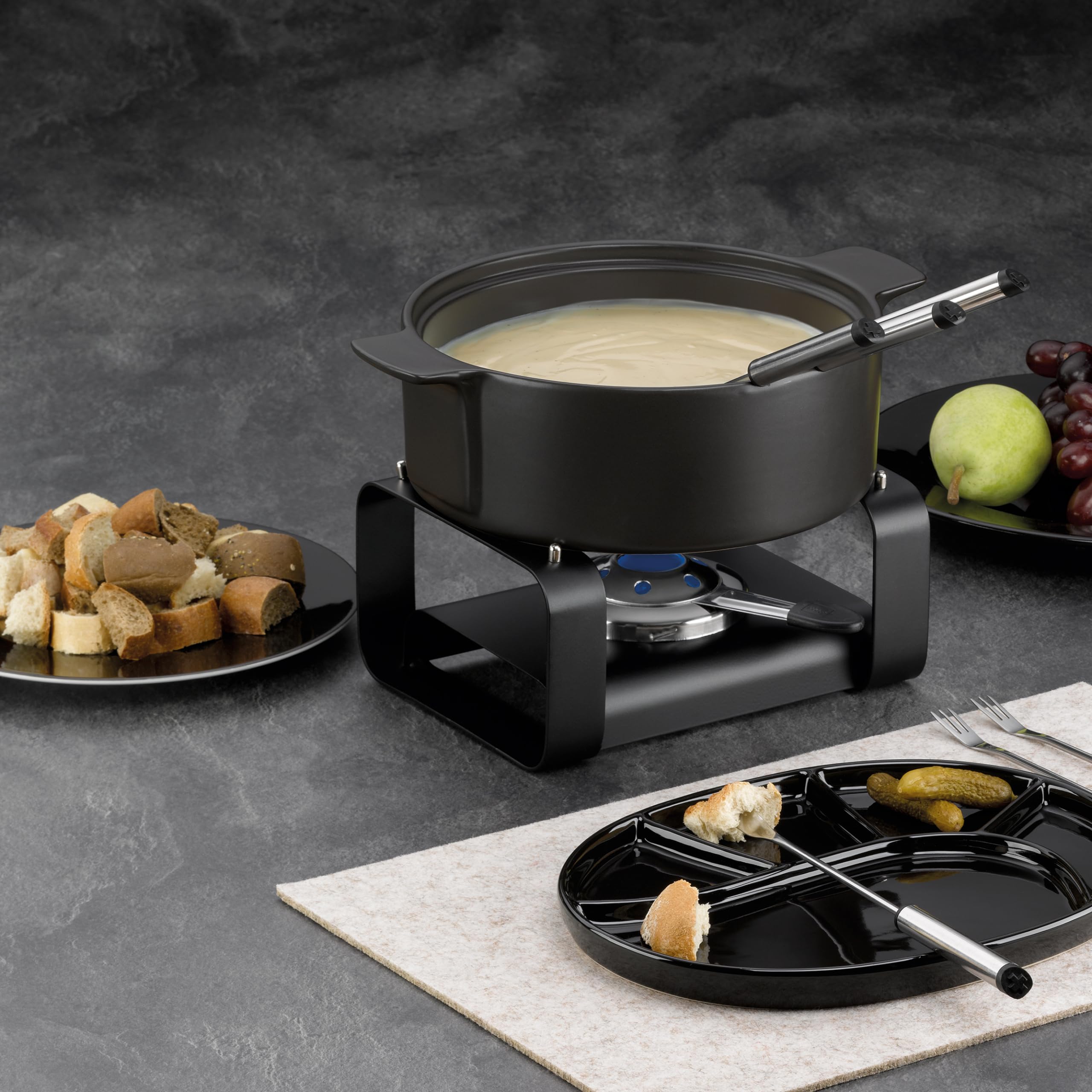 kela Käsefondue-Set Roman, 9-teilig, Durchmesser 22,5 cm, 1,75 L, Keramik, schwarz, Topf, Sicherheitspastenbrenner, Rechaud, 6x Fonduegabeln, 16665