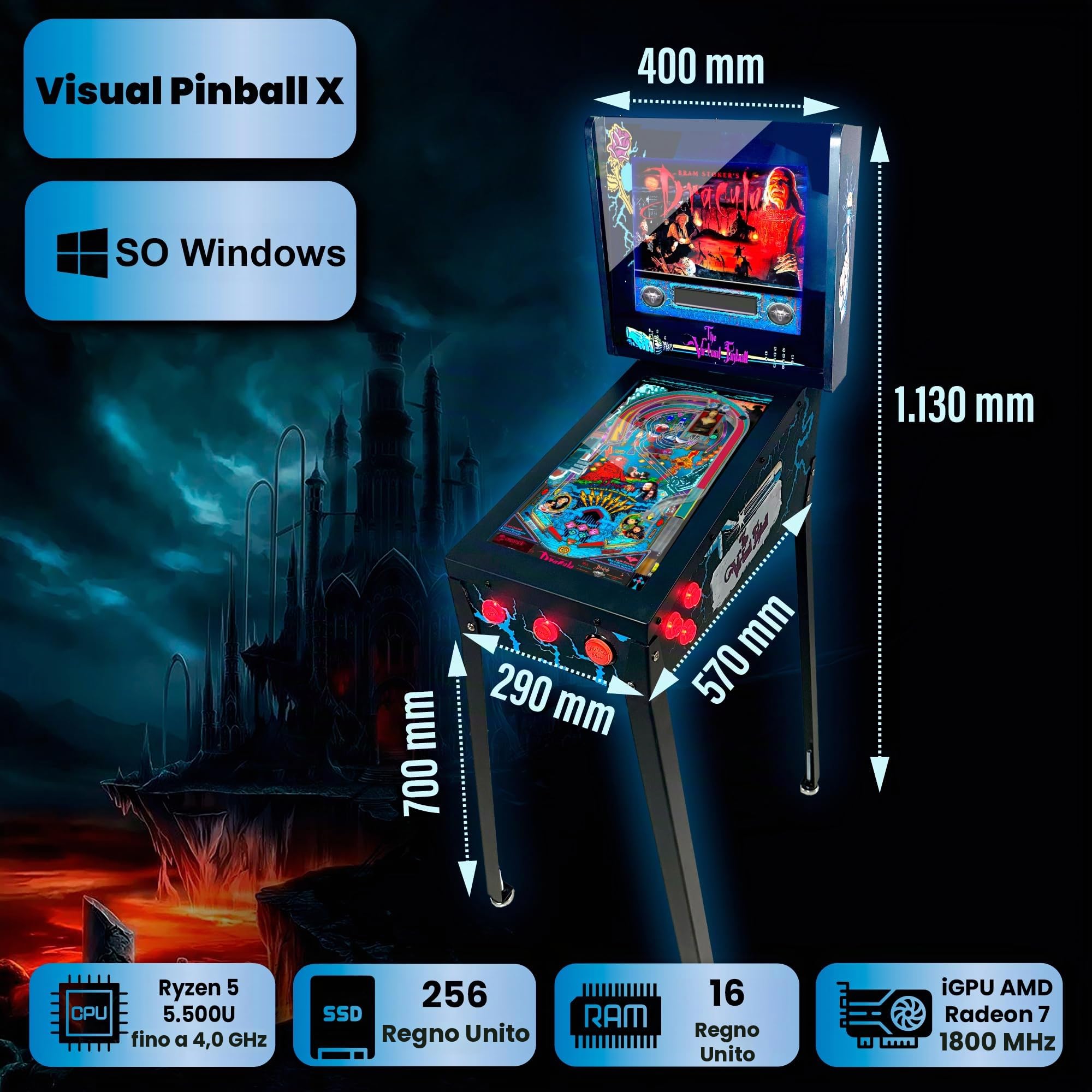 Flipper virtuale, Playfield 18.5", Backglass 15", PC AMD Ryzen 5 con 16GB RAM 256GB SSD, Più di 500 tavole di Visual Pinball e più di 900 giochi mame verticali, Sensore KL25Z (VERSIONE MIGLIORATA)