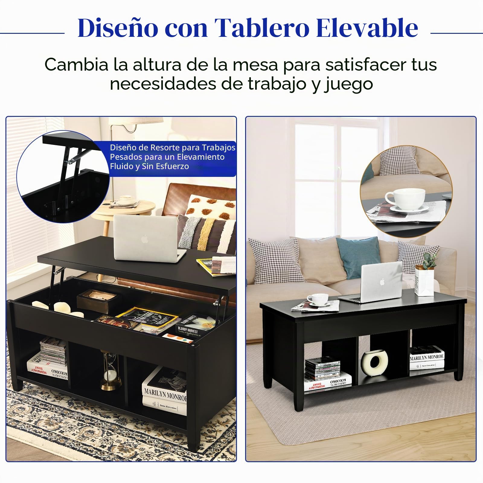 GOPLUS Mesa de Centro Elevable, Mesa Baja Café con Compartimento Oculto y 3 Compartimentos de Almacenamiento, Decorativo para Salón y Oficina (105x52x63 cm, Negro)