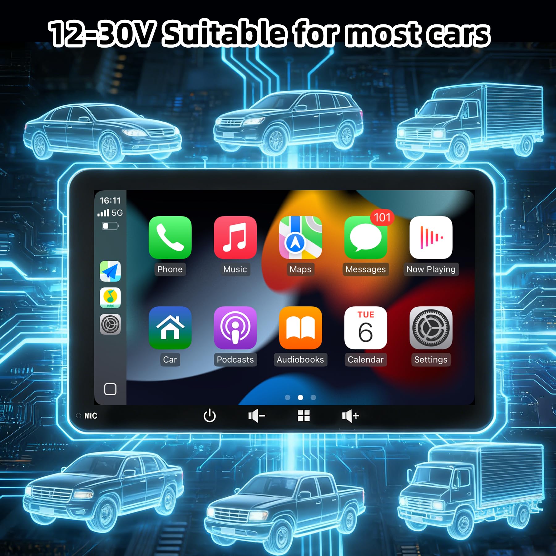 Écran Voiture 7" avec Carplay et Android Auto sans Fil, Caméra de Recul | Écran Tactile, Écran carplay avec ports USB/AUX/TF, Plug & Play Autoradio Portable, pour la plupart des voitures