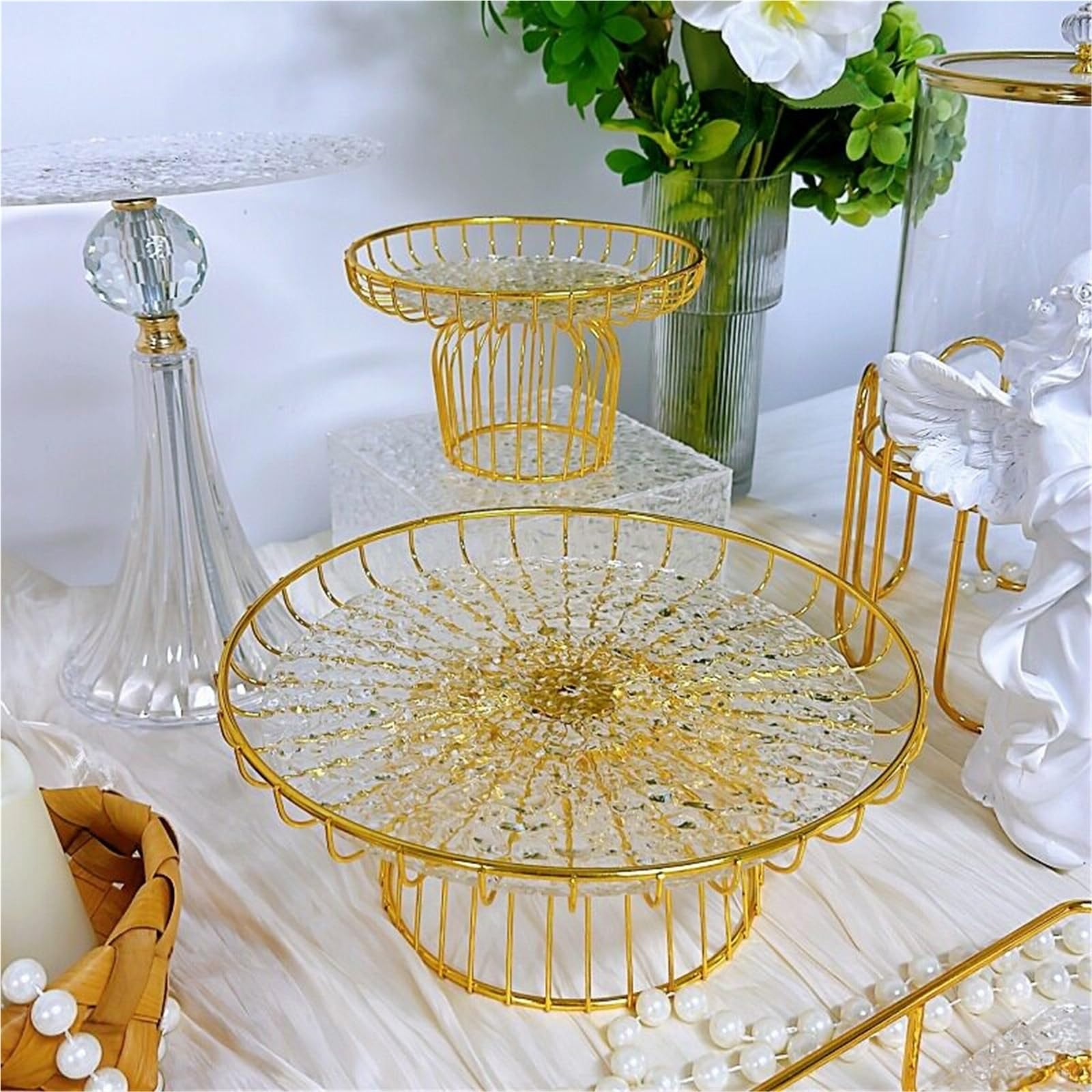 Présentoir à Gâteau Support à Dessert en Forme de Panier Fruits Transparent doré, présentoir, Support gâteaux, matériau Acrylique Stand de Gâteaux(Petit)