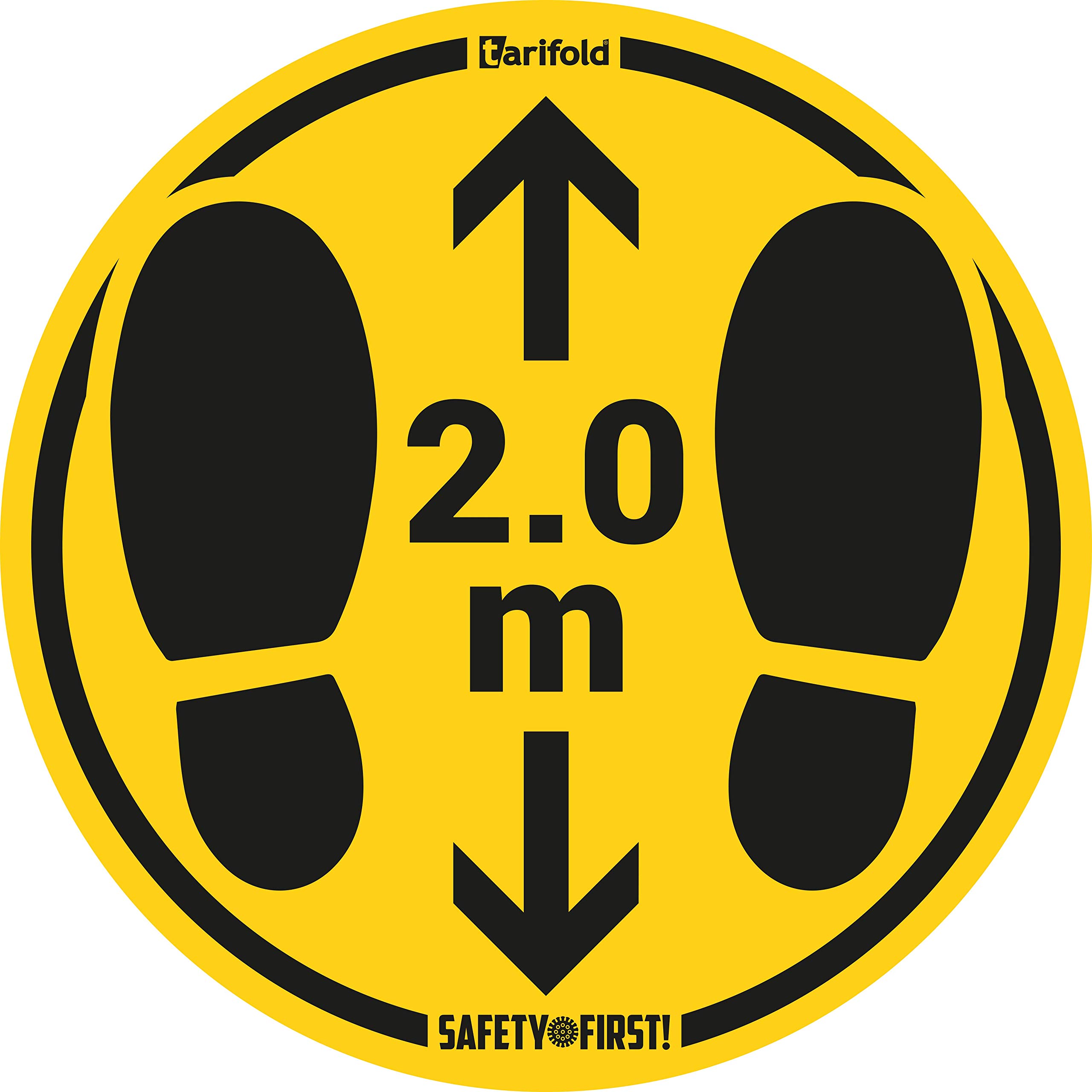 TARIFOLD Fr 197856 – Warning Sticker “Keep Your Distance” | Marking and Signage on the Ground Rough and Irregular Surfaces Ø 350 mm| Yellow/Black, Pack of 2