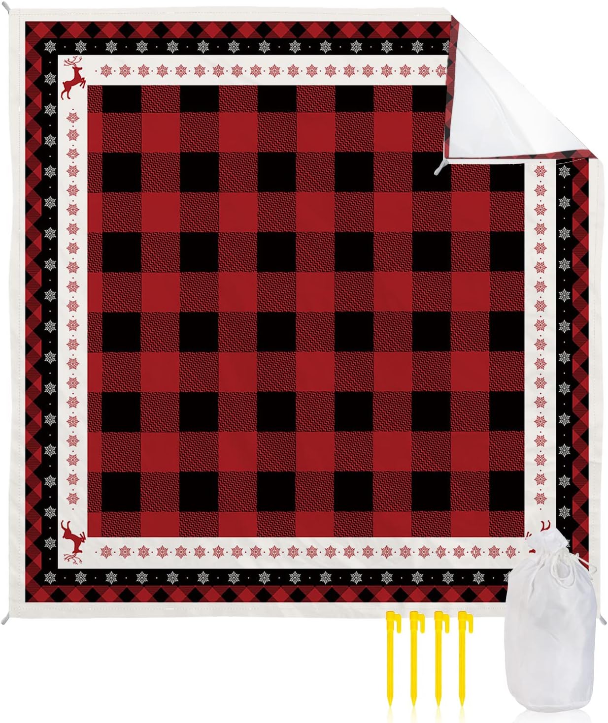 Christmas Retro Elk and Snowflake Beach Blanket Waterproof Sandproof Outdoor Picnic Mat 83"x79" Black and Red Buffalo Lattice Lightweight Large Beaach Blankets with 4 Stake & 4 Corner Pockets