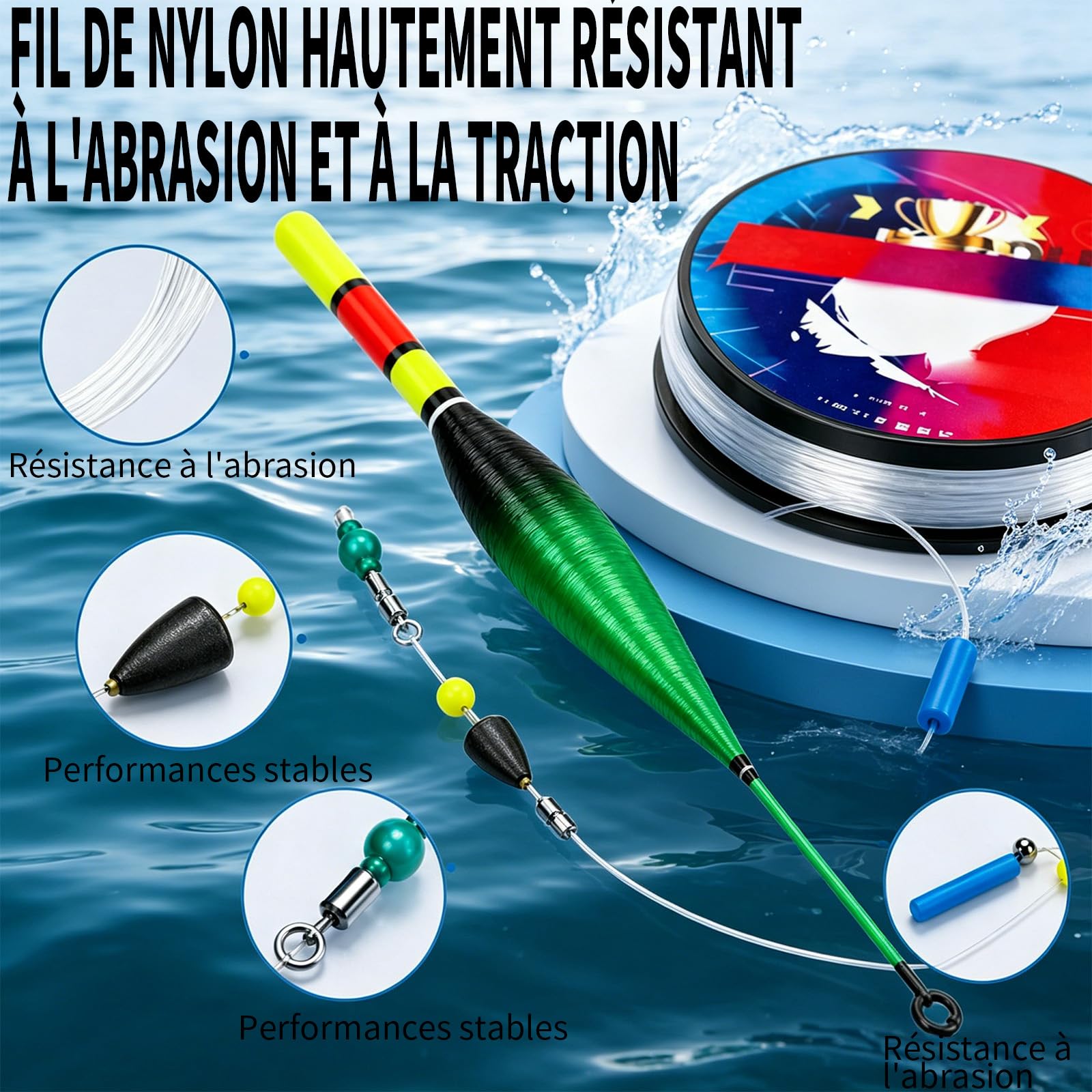 Ligne de Peche Montee, Matériel de Peche, Ligne de Pêche Automatique, 120m, avec Flotteur à Changement de Couleur, Pêche Haute Sensibilité, pour Les Experts et Les Débutants