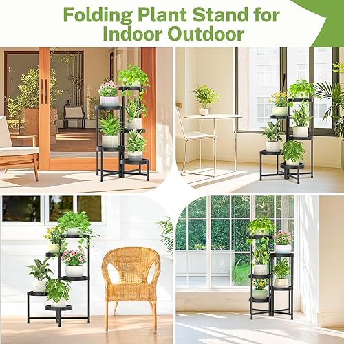 Miniatura 6 de iDavosic.ly Soporte plegable de 5 niveles para plantas para interiores y exteriores con bandeja de plástico, estante de esquina escalonada para