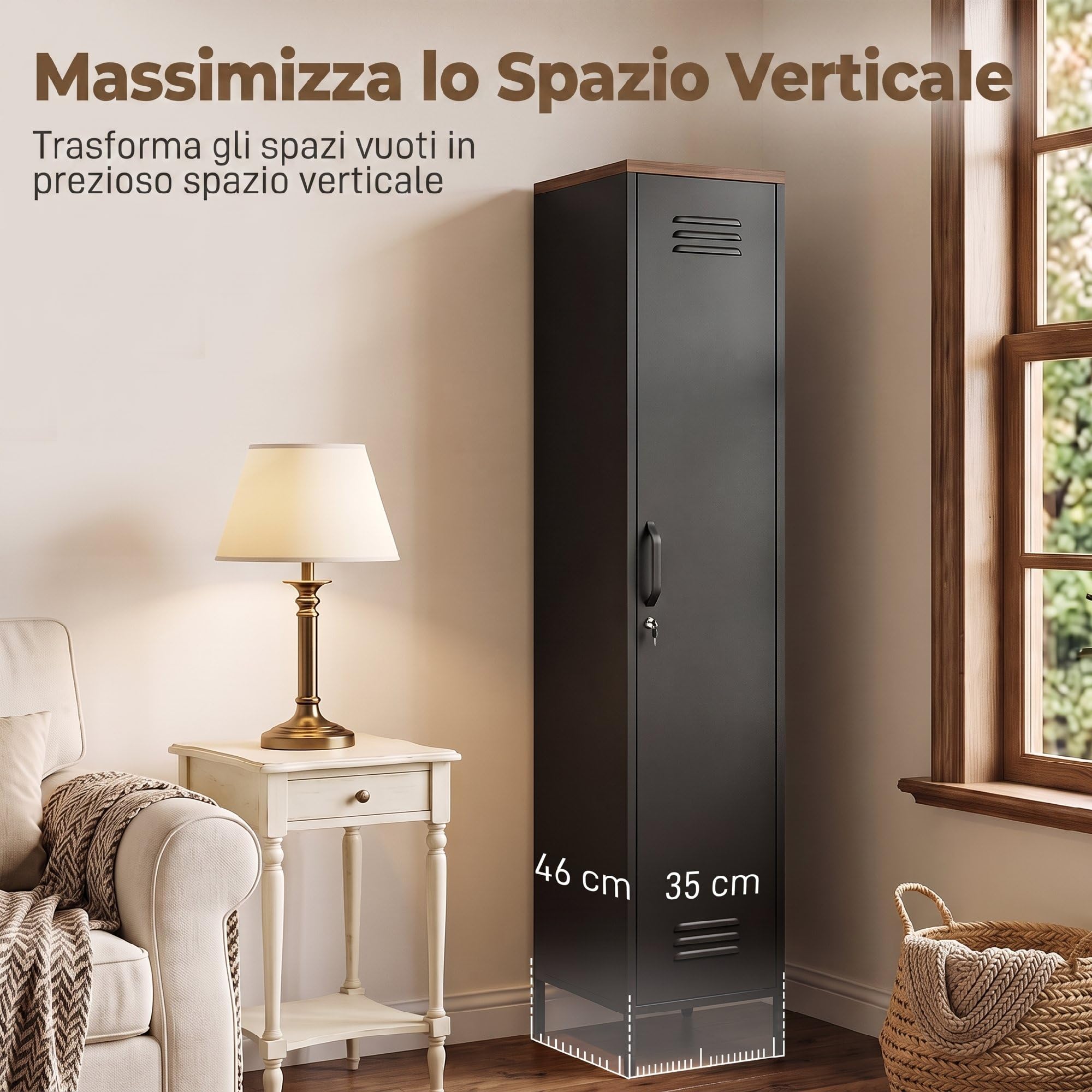 HOMCOM Armadietto Spogliatoio 35x46x183 cm Nero e Marrone Effetto Legno | Slim in Metallo, Chiusura a Chiave, Ripiani Regolabili, Armadio Metallico Multiuso, Industriale, per Casa Ufficio Garage