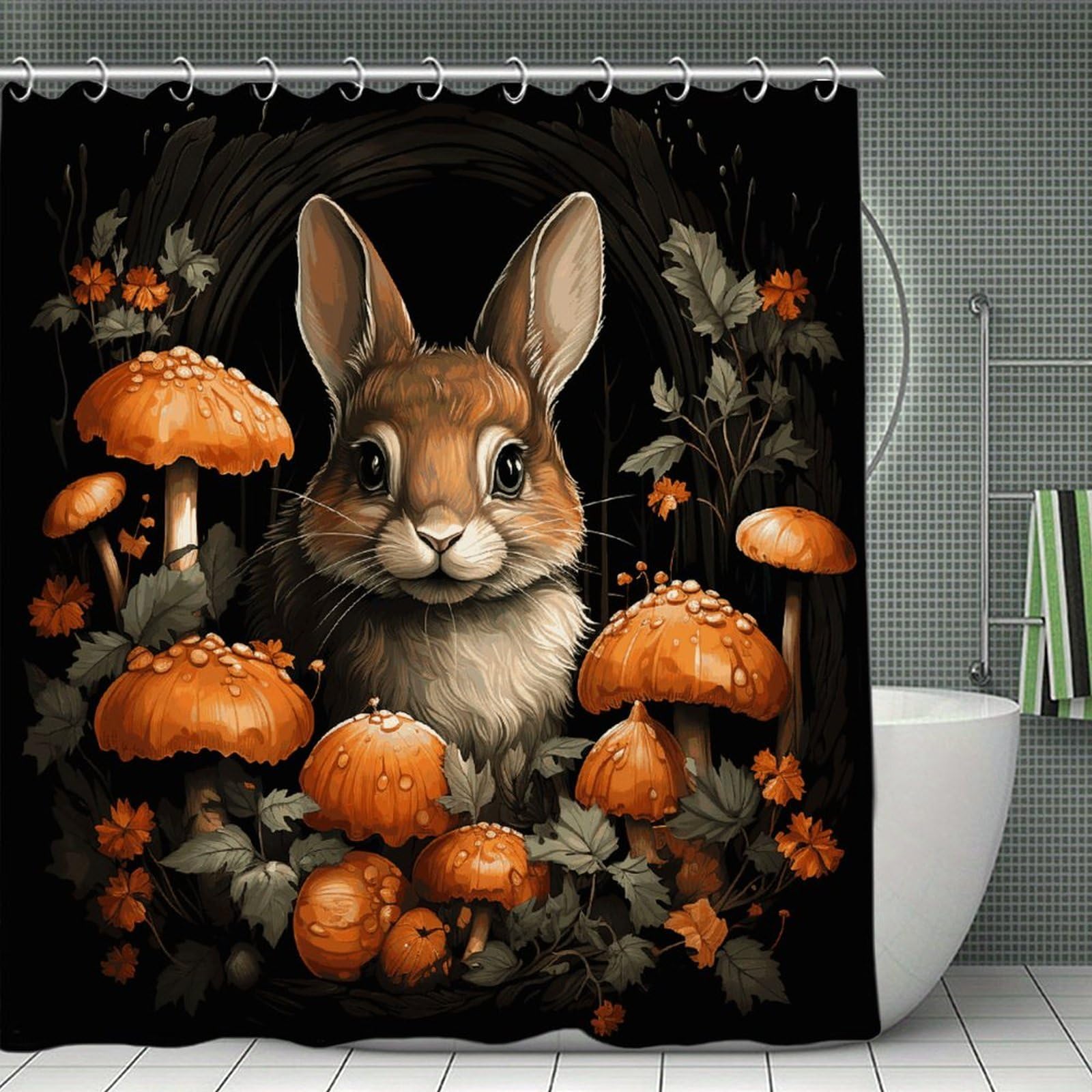 VstaDank Rabbit with Mushrooms Shower Curtain Light-Weight Blackout Bathroom Curtain Washable Shower Liner 71x71 Inch Bath Curtain with Metal Holes Bathtub Bath Room