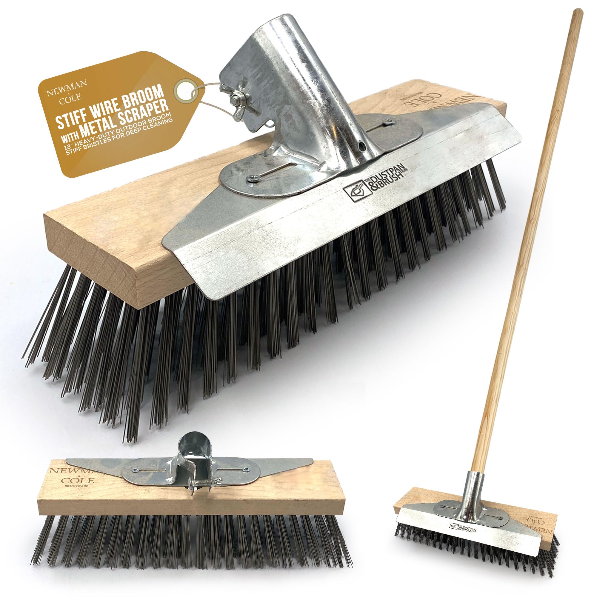 Newman And Cole 12" Wire Broom With Scraper 12 Inches Heavy Duty Wire Broom With Metal Scraper And Long Wooden Handle - Yard Brush Garden Outdoor Broom Sweeping Brush Patio & Paving Scrubbing Deck Floor Brush