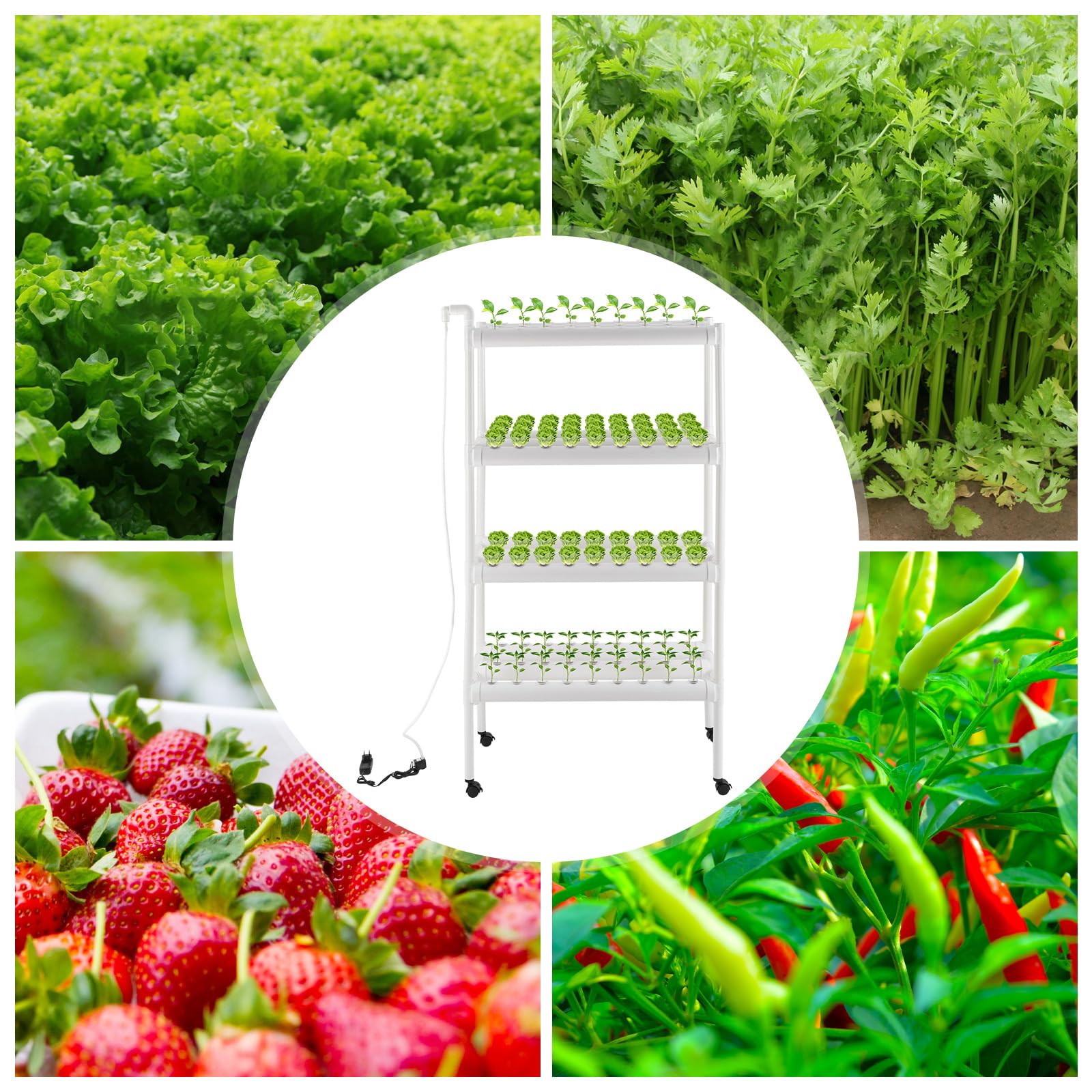 OUKANING Sistema hidropónico de 4 pisos, 108 agujeros, kit de cultivo hidropónico para el hogar con bomba de agua de 12 V (55 Gal/h), temporizador, 4 ruedas y cestas de plantas, para ensaladas