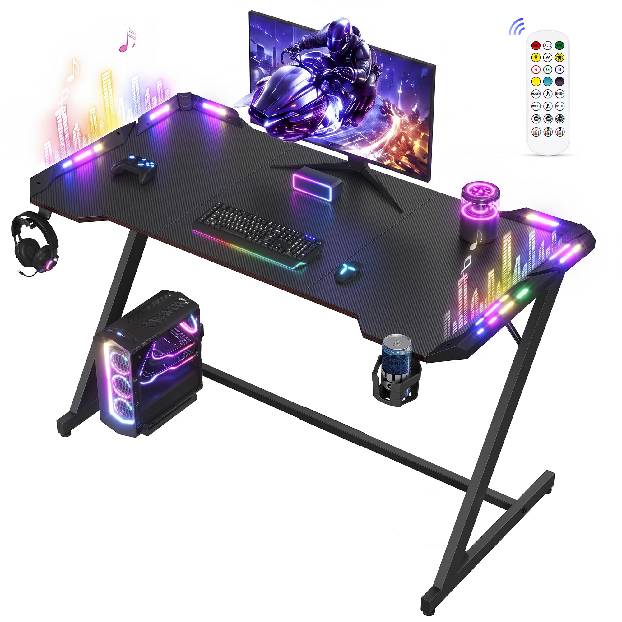 VASAGLE Escritorio Ordenador con Luces LED, 120 x 60 x 76 cm