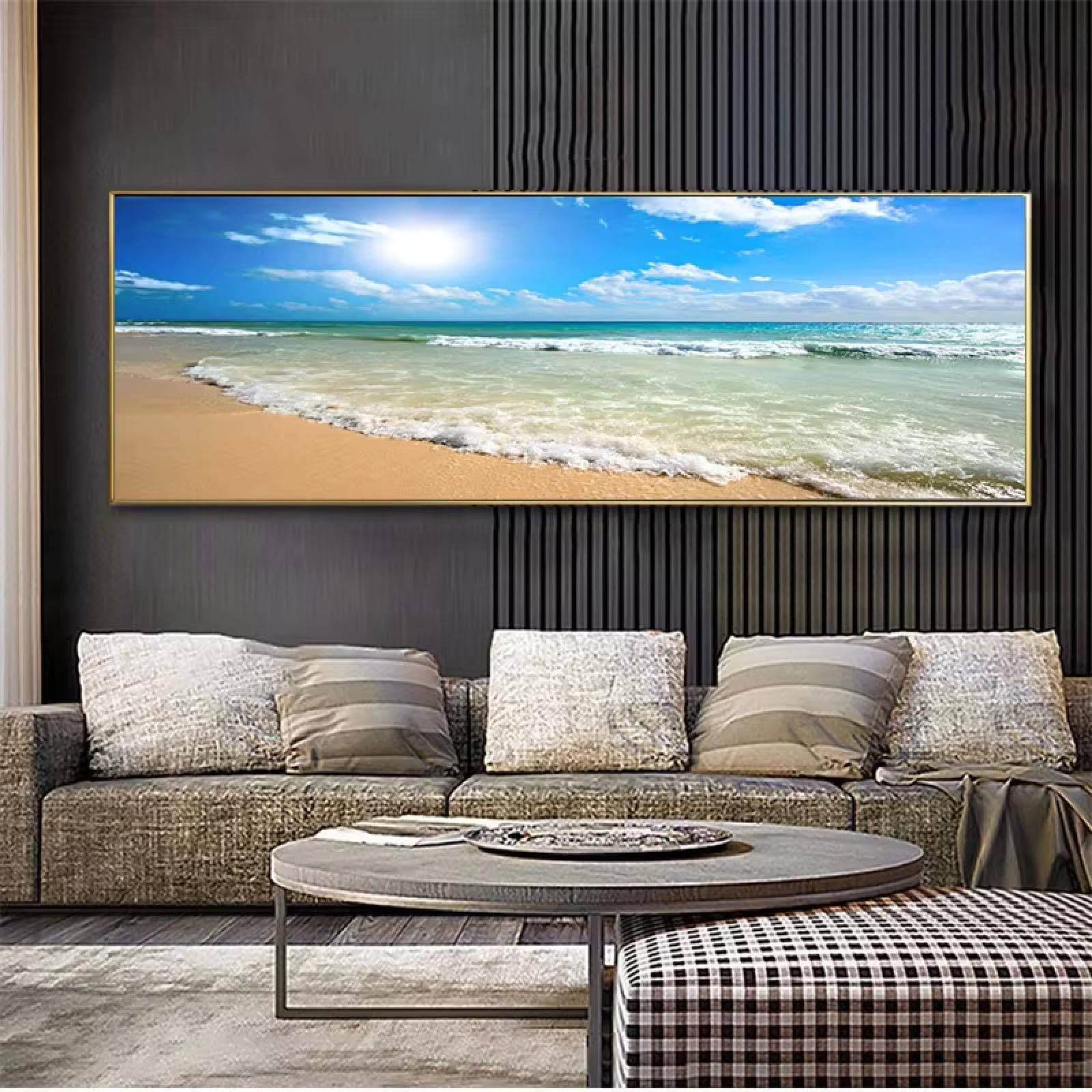 IXEHOH Naturlandschaft Großes Wandkunstbild Meer Sonnenuntergang Leinwandgemälde für Wohnzimmer Große Wohndekoration Dekor 65x190cm (25,5x75 Zoll) Kein Rahmen