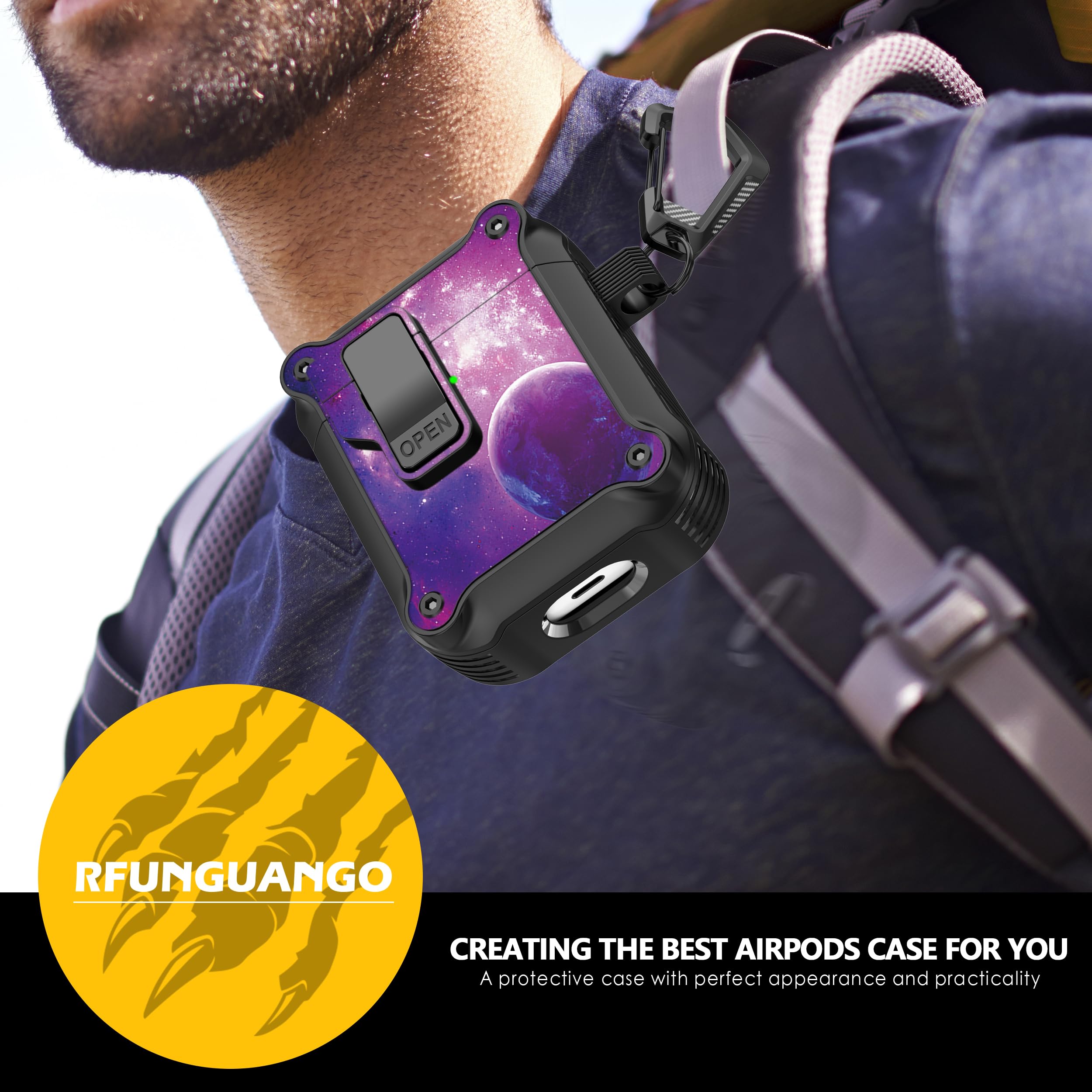 RFUNGUANGO Compatible with Airpods 2nd /1st Case,Automatic Pop-up with Safety Lock Clip, Full Body Shockproof Hard Case with Keychain Compatible with AirPods case,starry sky — view 7
