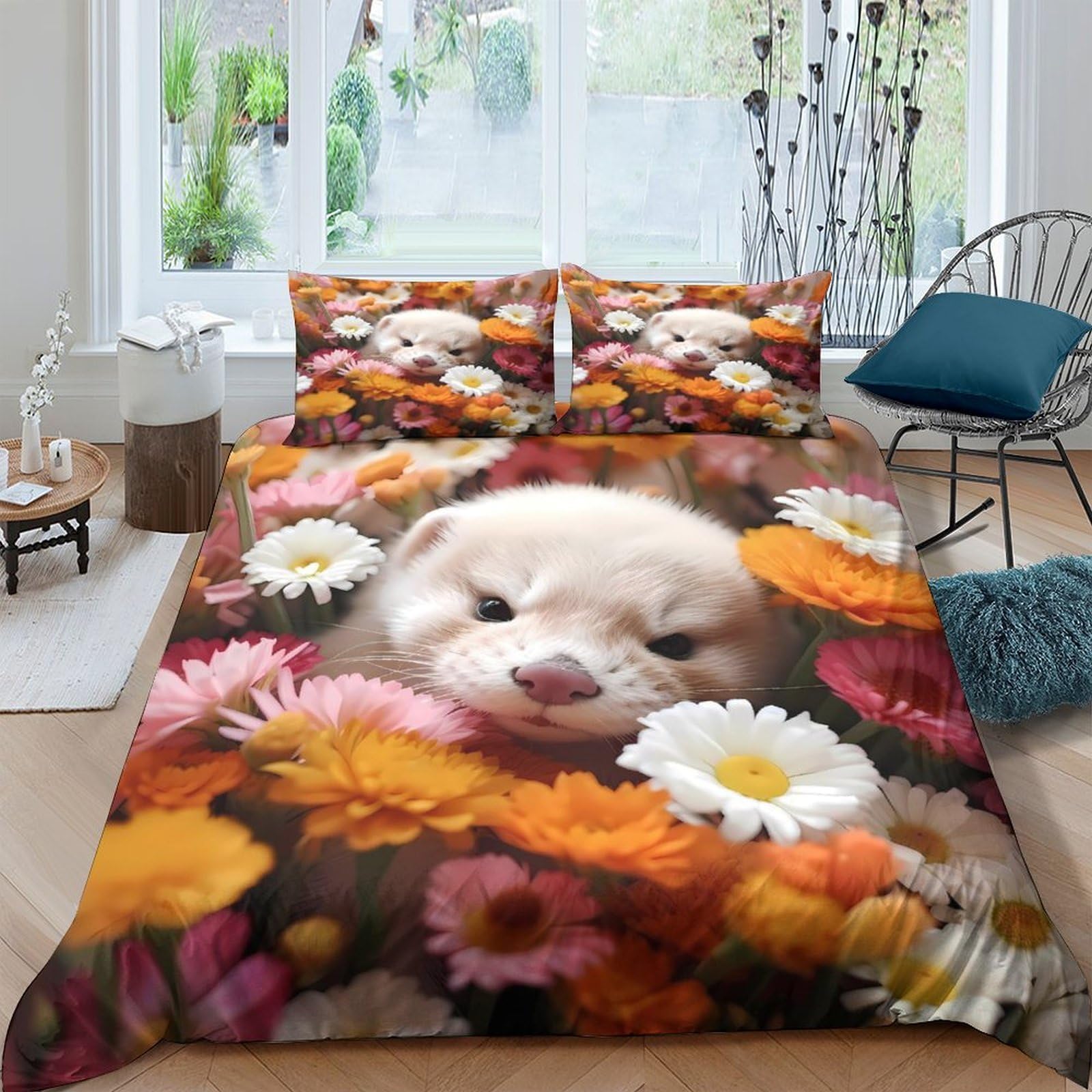 Ctjqhvkz Style-2 3D Printed Puppy Floral Fitted Sheet Microfiber Soft Orange Daisy Bed Cover For Bedroom Dorm Decor Protection Single（135X200cm）
