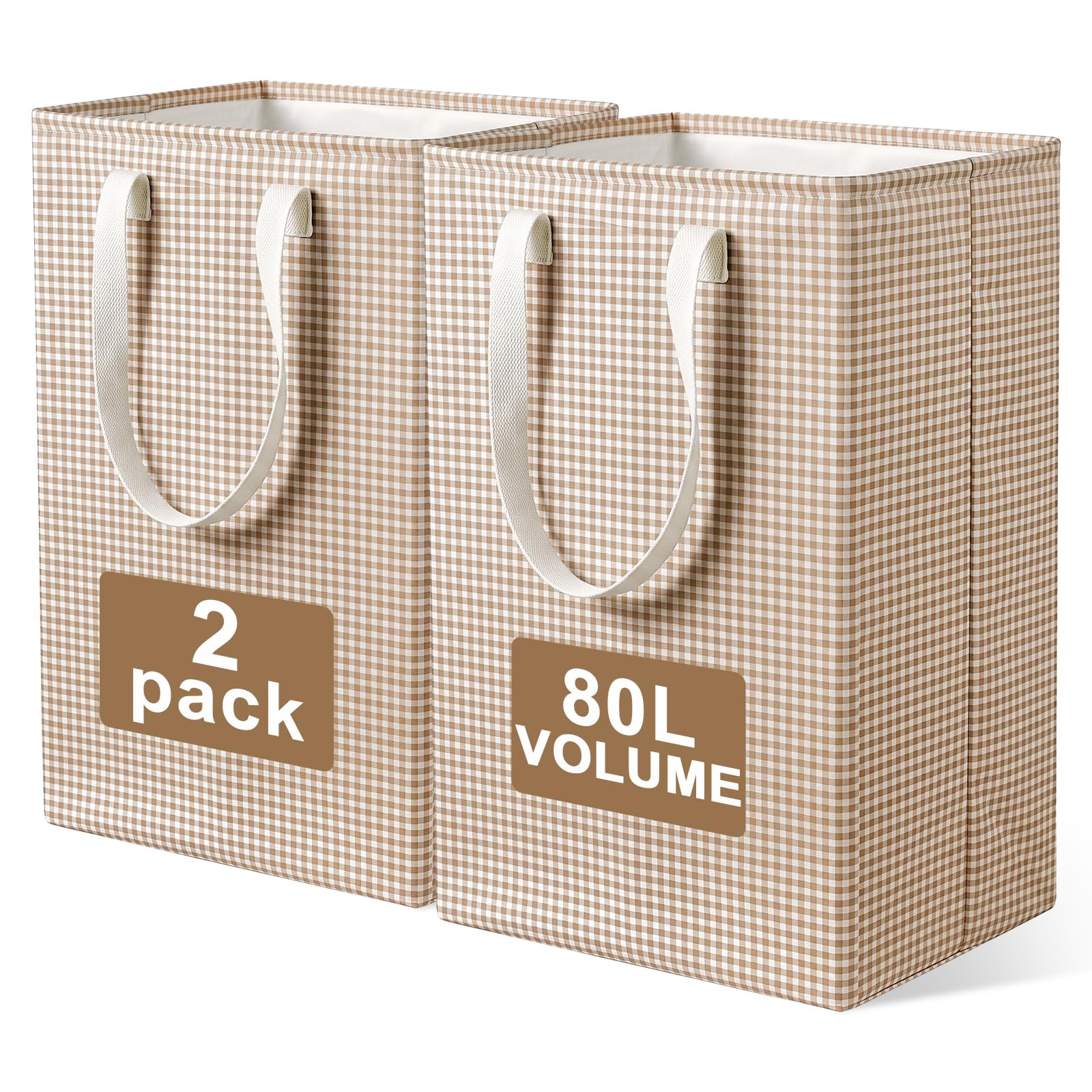 2 Pack Brown Gingham Laundry Baskets, 80L Each Collapsible Laundry Hamper