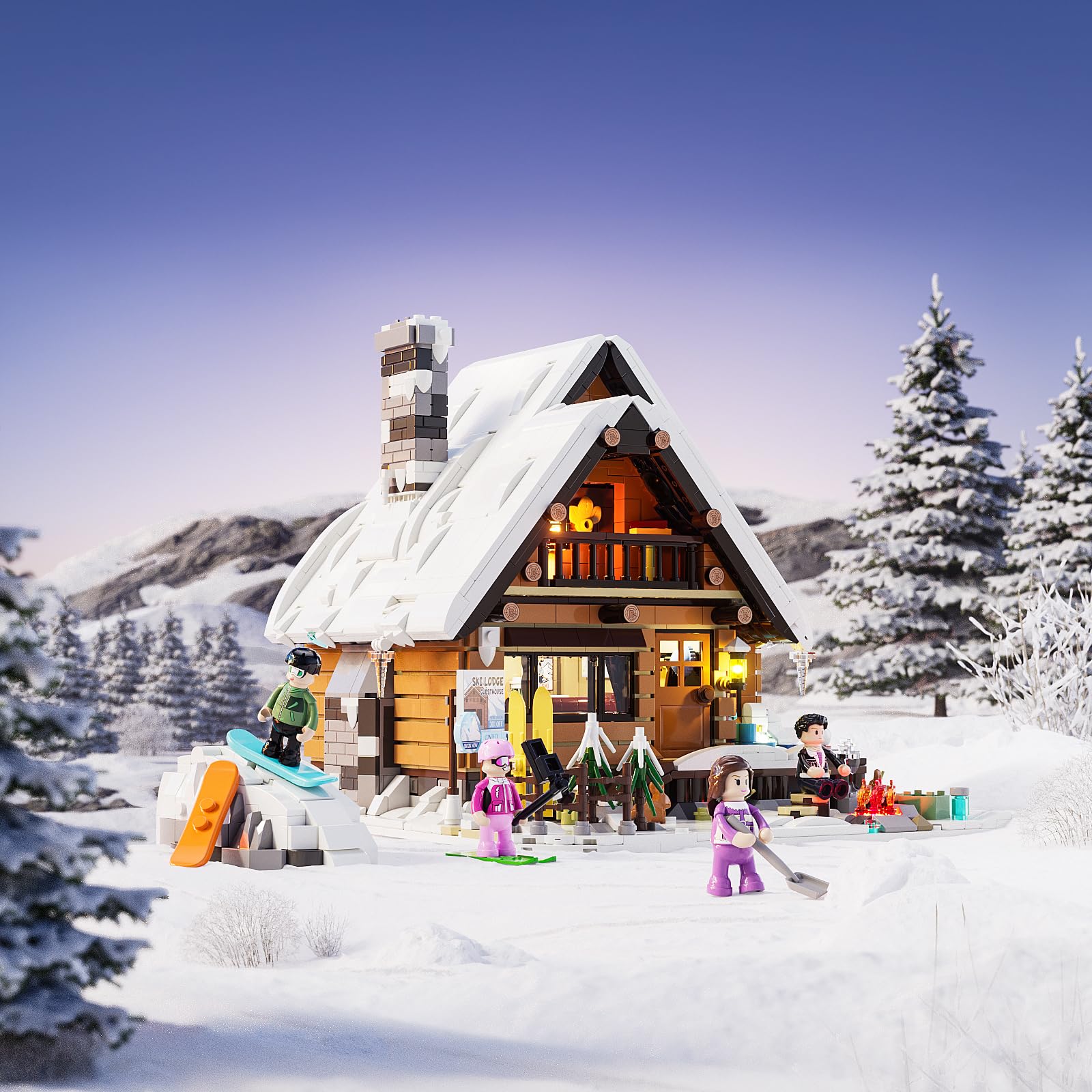 LUMIBRICKS Domek narciarski z oświetleniem LED, 2187 elementów, zestaw zimowy dla dorosłych, nordycki domek wakacyjny z kominkiem, ogniskiem, sceną narciarską i 4 mini figurkami