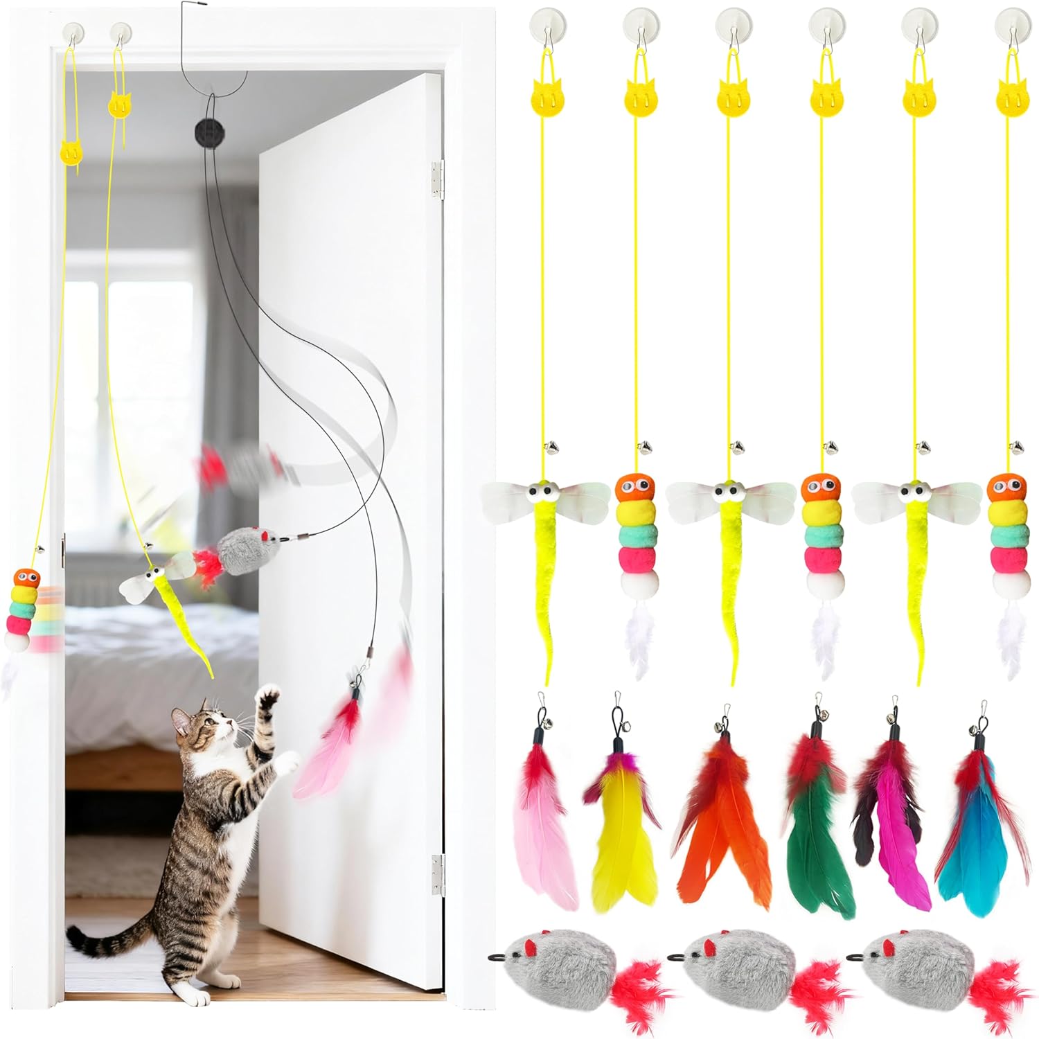 Interactive Hanging Cat Toy for Indoor Cats, 16PCS Door Cat Toys Set with Feathers, Chirping Mice Retractable Teaser Toys for Kitten Play Chase Exercise