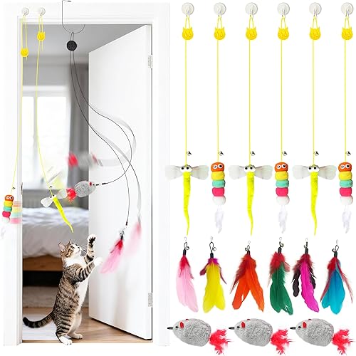 Juguete interactivo colgante para gatos de interior, juego de 16 juguetes de puerta para gatos con plumas, ratones que chirrian juguetes retráctiles