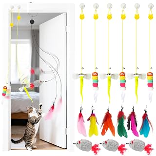 Interactive Hanging Cat Toy for Indoor Cats, 16PCS Door Cat Toys Set with Feathers, Chirping Mice Retractable Teaser Toys for Kitten Play Chase Exercise - Amazon product rated Grade B