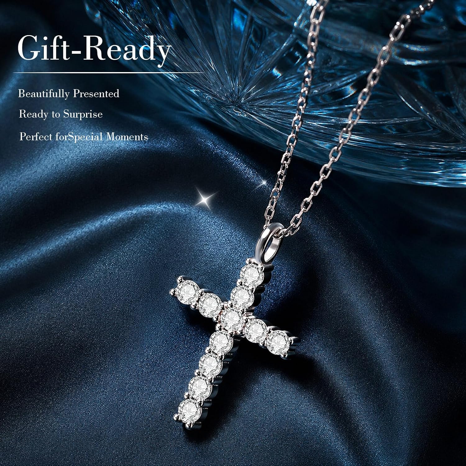 WES Moissanite Cross Necklace for Women - 925 Sterling Silver 17.7'' Chain with 14K White Gold Plated D Color VVS1 Clarity 2mm Round Moissanite Cross Faith Pendant for Men