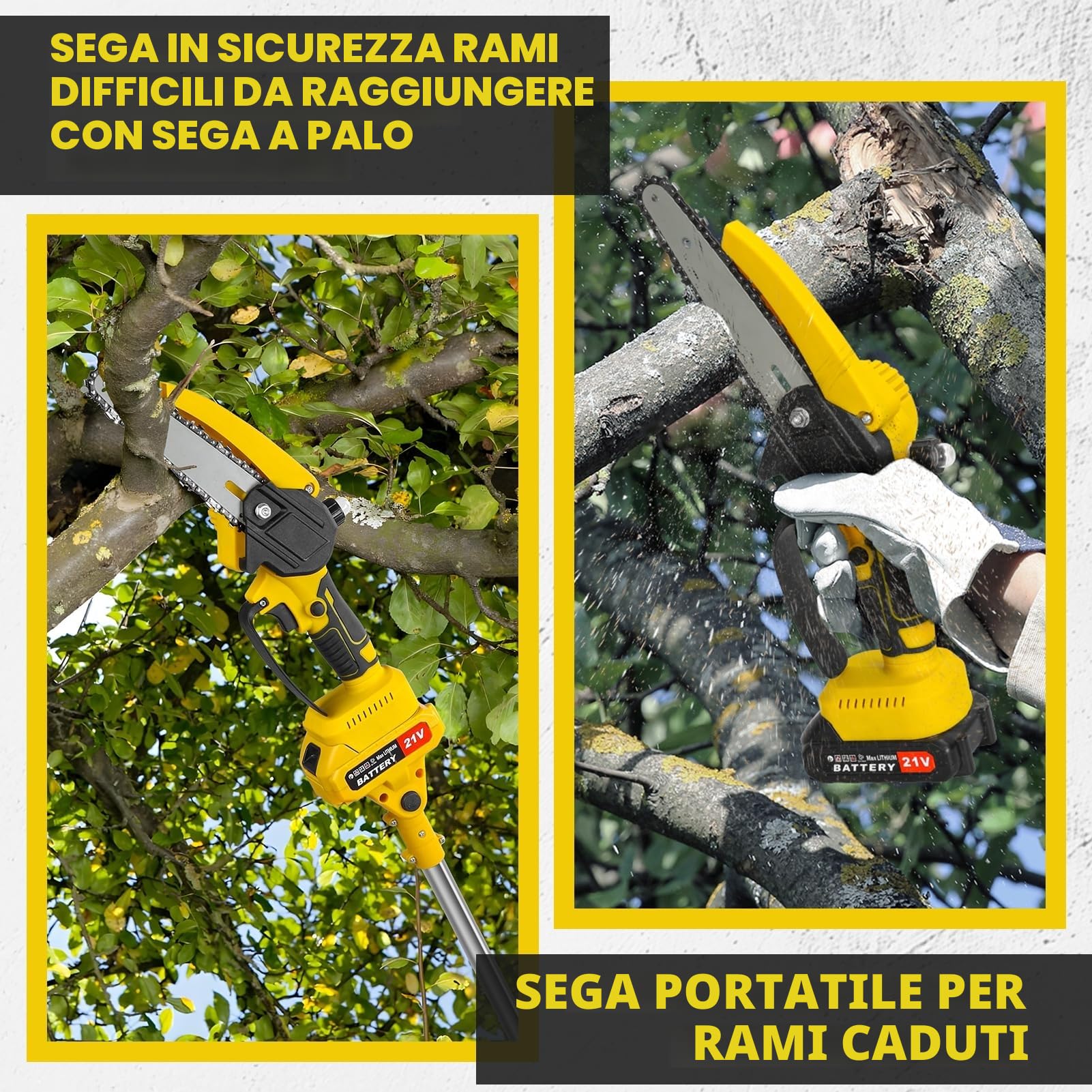 Sega a palo elettrico senza fili per potatura di alberi da giardino, motosega di estensione telescopica con batterie e motore spazzole 2x1500mAh, potenza 550 W, giallo