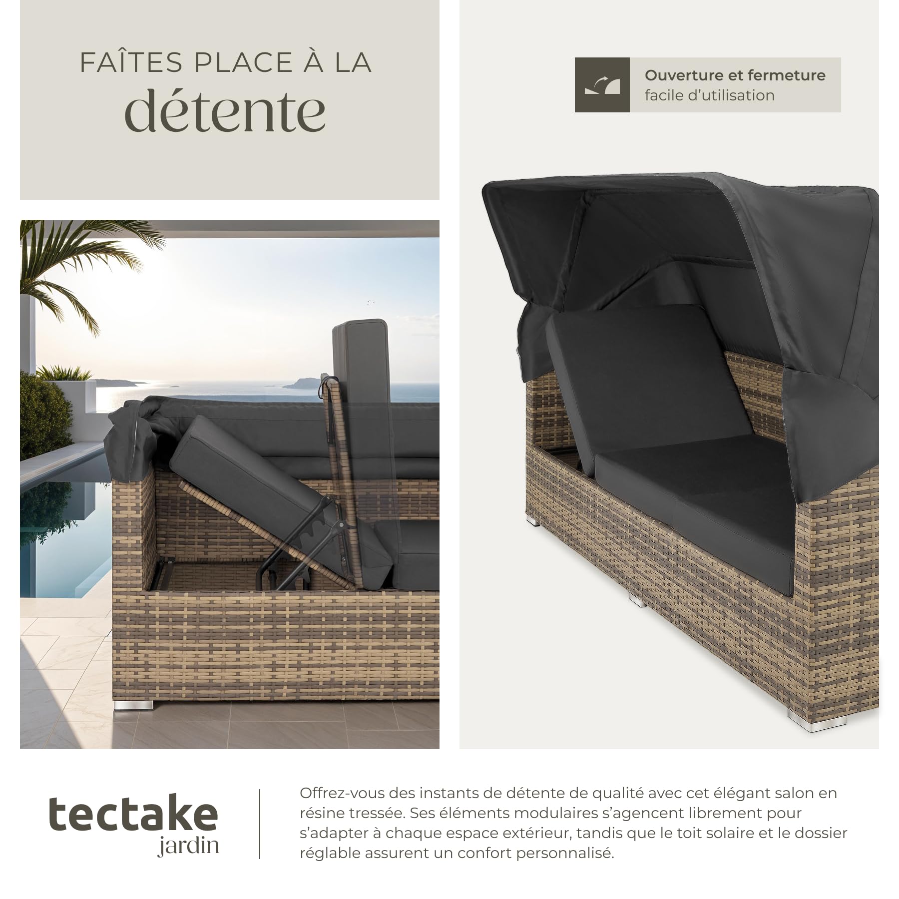 tectake® Salon de Jardin Exterieur Modulable Canapé de Jardin Bain de Soleil avec Pare-Soleil, Table de Jardin en Verre, Aluminium et Resine Tressee Amenagement Balcon Terrasse - Marron Naturel