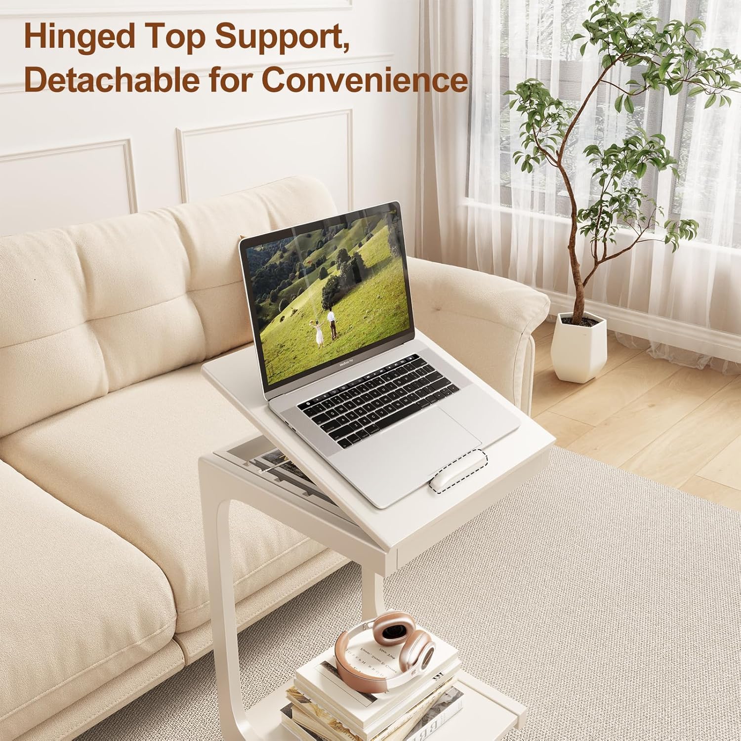 C Shaped End Table for Couch, C Table with Wheels, Wooden Couch Table Adjustable Desktop for Living Room,Bedroom(White)