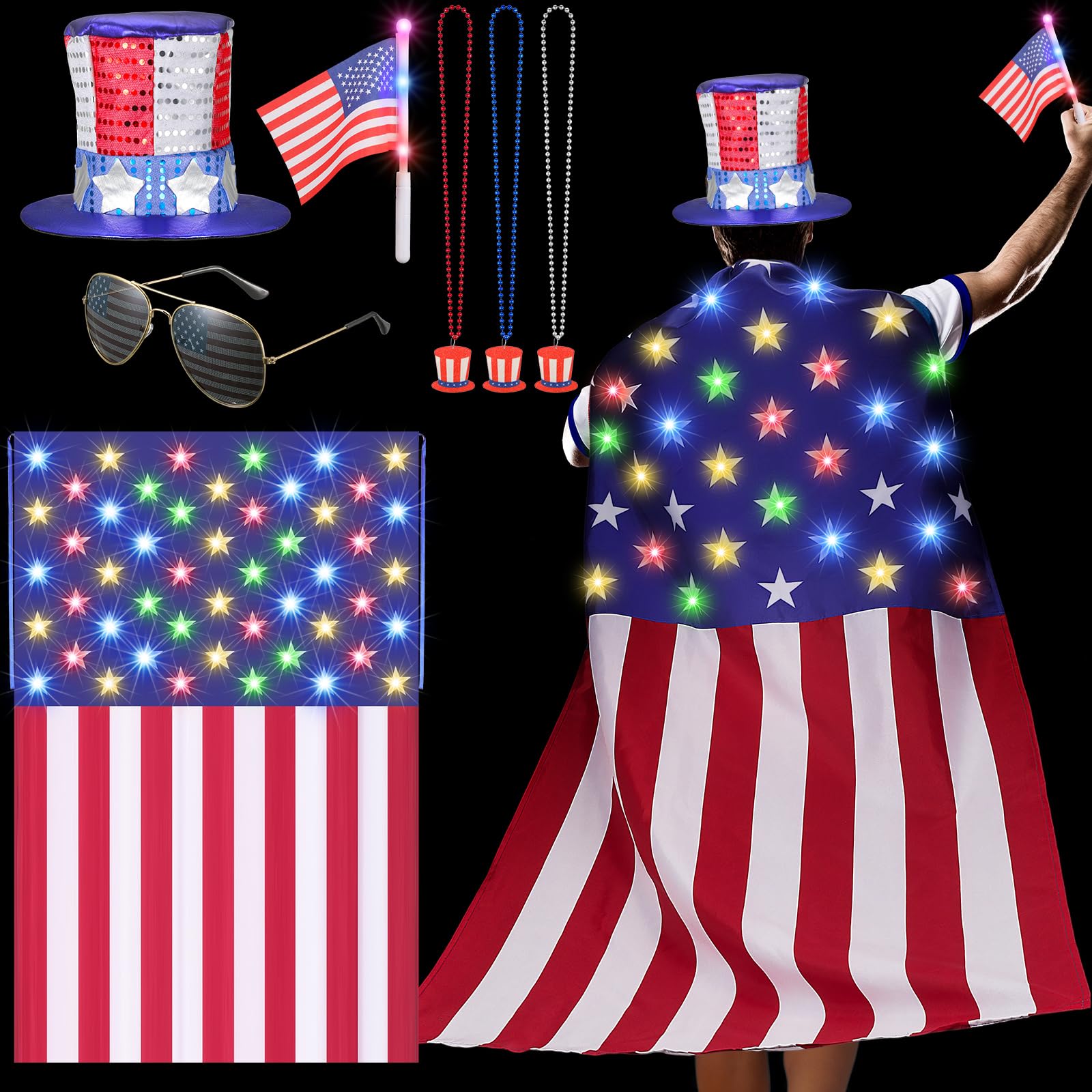 7 Pieces 4th of July Patriotic Costume Accessory Set American Flag Light up Cape, Retro 80's USA Sunglasses Patriotic Top Hat, American Flag Necklaces Independence Day Theme Party Supplies