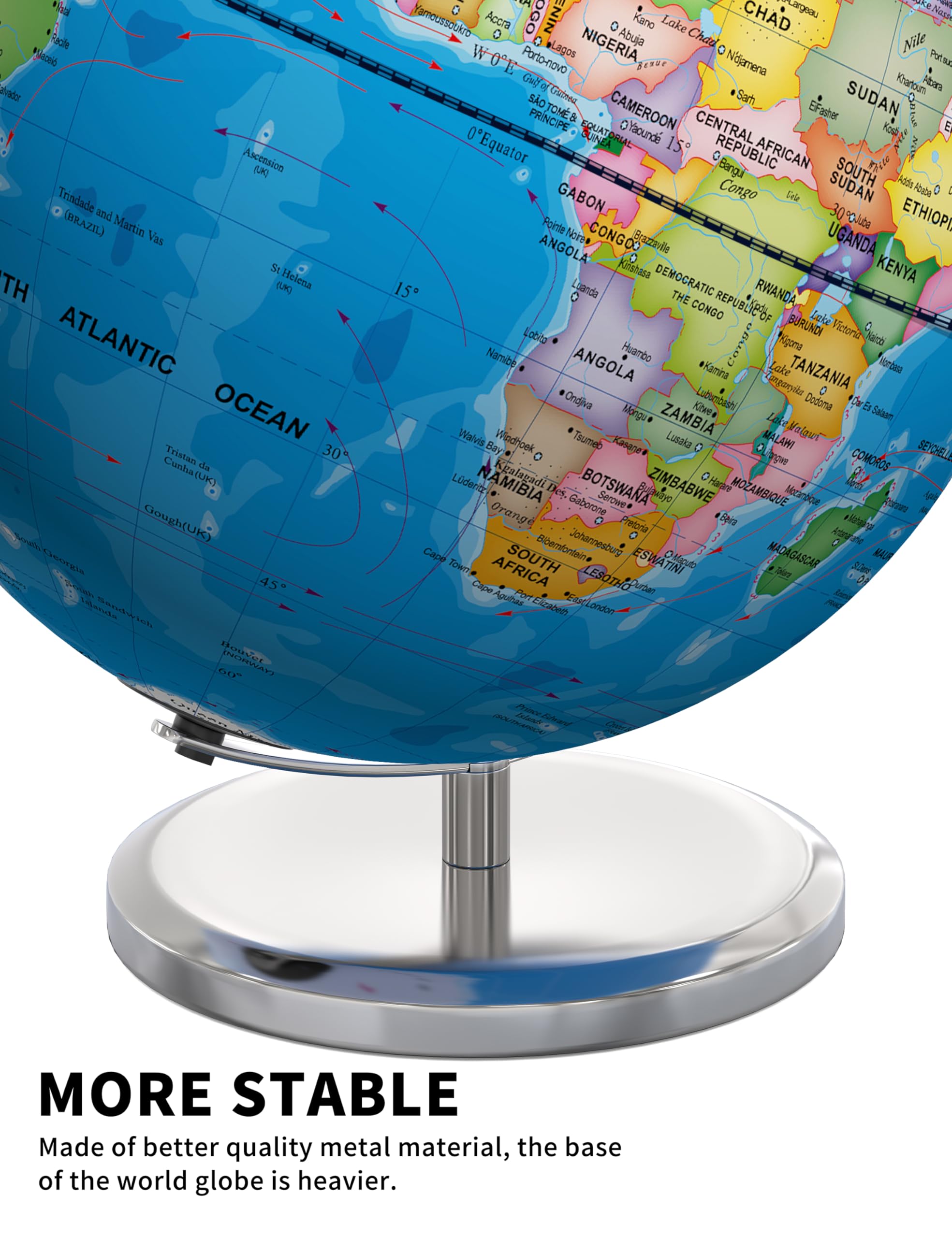 Globo mundial grande de 13 pulgadas con soporte, globo educativo para el aprendizaje de los niños, detalles coloridos del mapa del mundo HD, lámpara de globos iluminados con base estable de 5