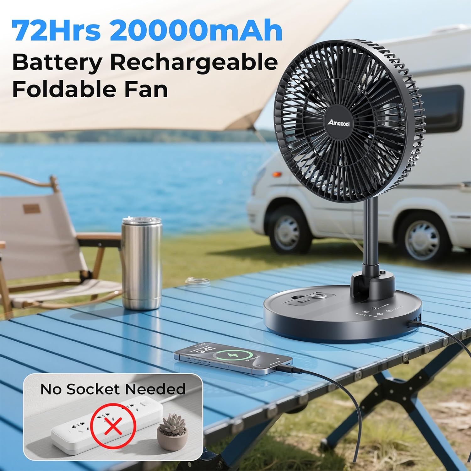 AMACOOL 10'' Foldable Oscillating Fan, 20000mAh Battery Operated with Remote & Timer, Height Adjustable Portable Standing Fan, Quiet USB Output for Camping RV Picnic Home Office Outdoor - Image 2