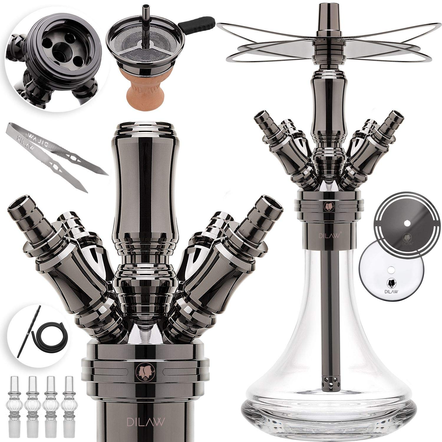 DILAW Szisza kompletny zestaw Smart to go, 38 cm, ze stali nierdzewnej, mini hookah z 4 przyłączami i 4 adapterami szklanymi, w zestawie z miską, głowicą i nasadką, wężem węglowym, ustnikiem