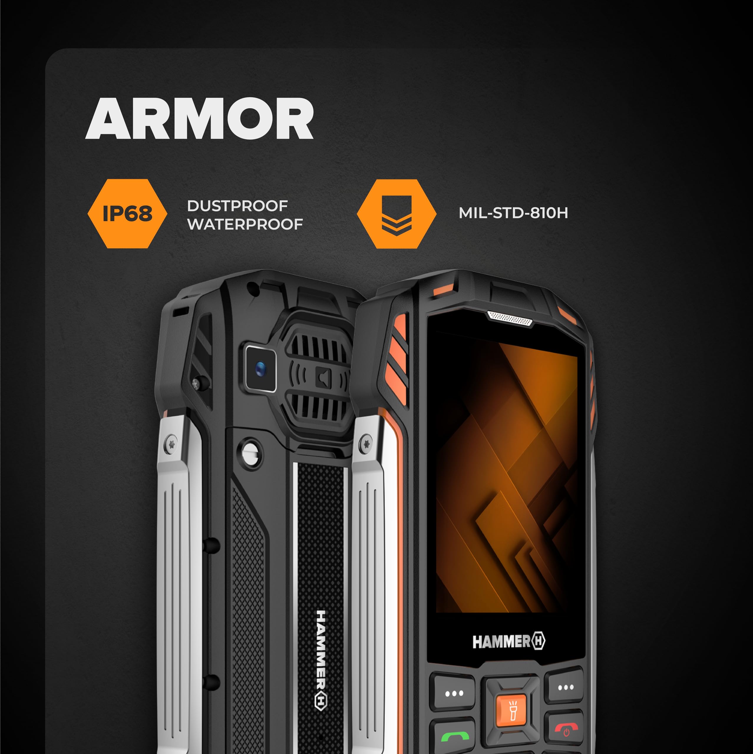 Hammer H Forge Telefono cellulare da esterno, senza contratto, 32 GB, batteria da 3200 mAh, display TFT da 2,4", torcia, IP68, radio FM, jack da 3,5 mm, 2 MP, USB-C, doppia SIM, antipolvere
