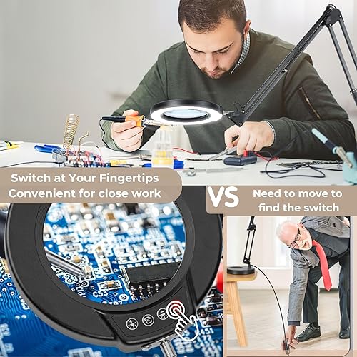 Miniatura 10 de Lupa 10X con luz y abrazadera, 5 modos de color, lupa iluminada de cristal real regulable sin escalones, lámpara de escritorio con lupa LED manos