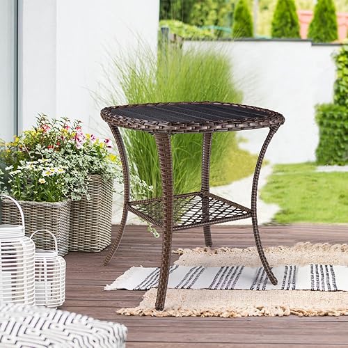 Outdoor Side Table Patio Wicker Coffee Table Outdoor End Table Rattan Bistro Table with Storage & Poly Lumber Table Top Square for Outside Balcony Porch Backyard Deck Brown