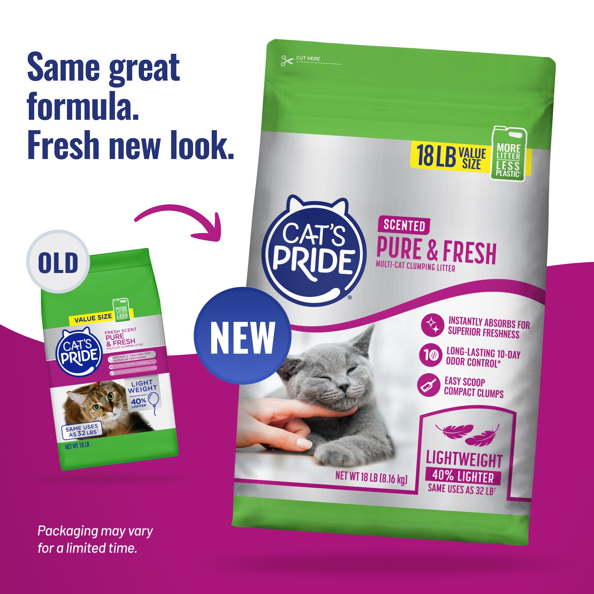 Cat's Pride Arena aglutinante Ligera Pura y Fresca, hasta 10 días de Potente Control de olores, Varios Gatos, perfumada, 18 Libras