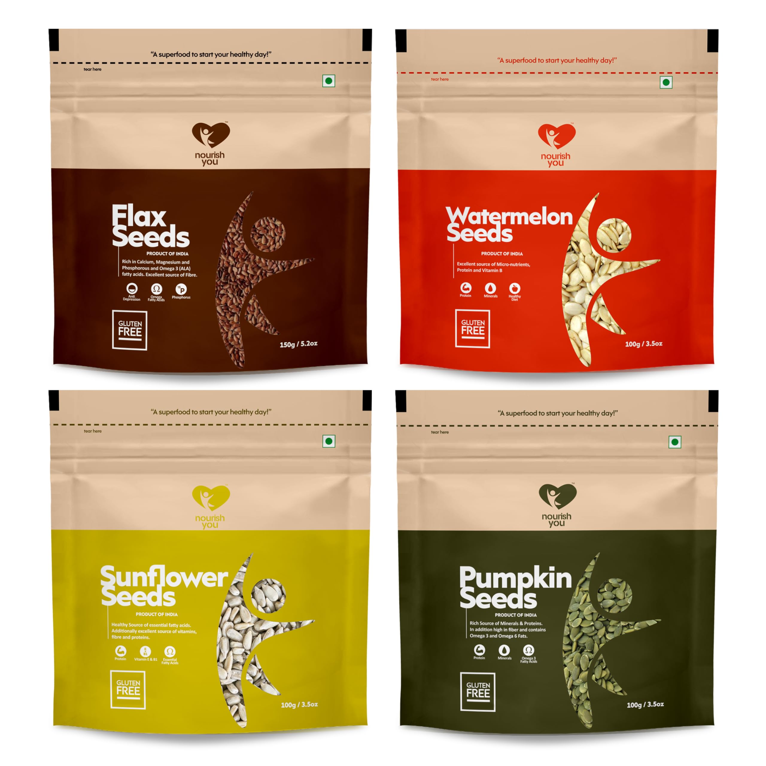 Nourish You Healthy Raw Edible Dry Seeds for Eating 450G | Combo Pack of 4 | USDA Certified Beej | Pumpkin, Sunflower, Watermelon 100g Each | Flax 150g | Superfood | Immunity Booster | Gluten Free