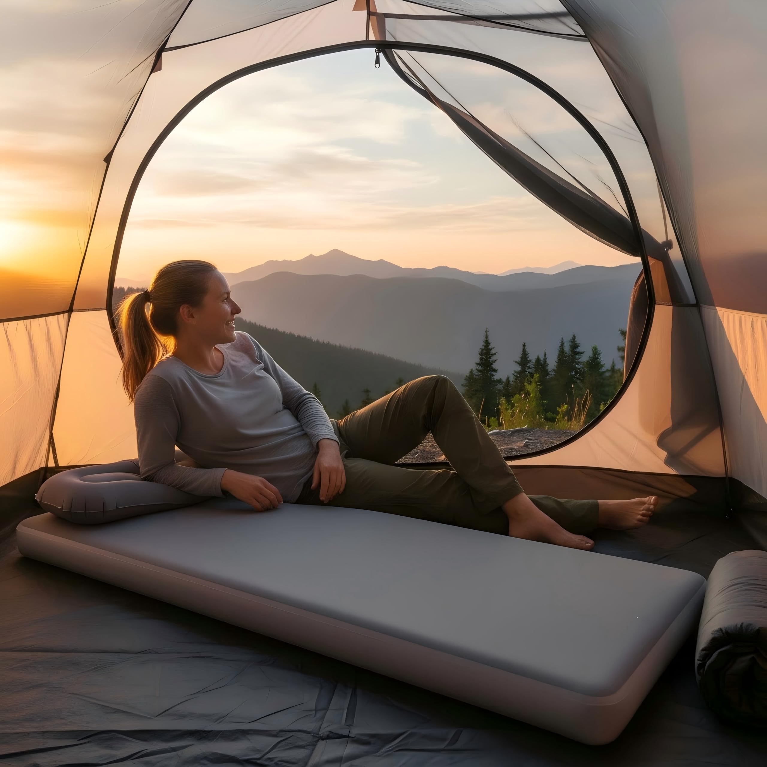 Freein Materasso gonfiabile ad aria singola, capacità di carico 453,6 kg, altezza del letto 10,2 cm, materassino portatile per campeggio, tenda e ospiti, pavimento con pompa ad aria manuale e borsa