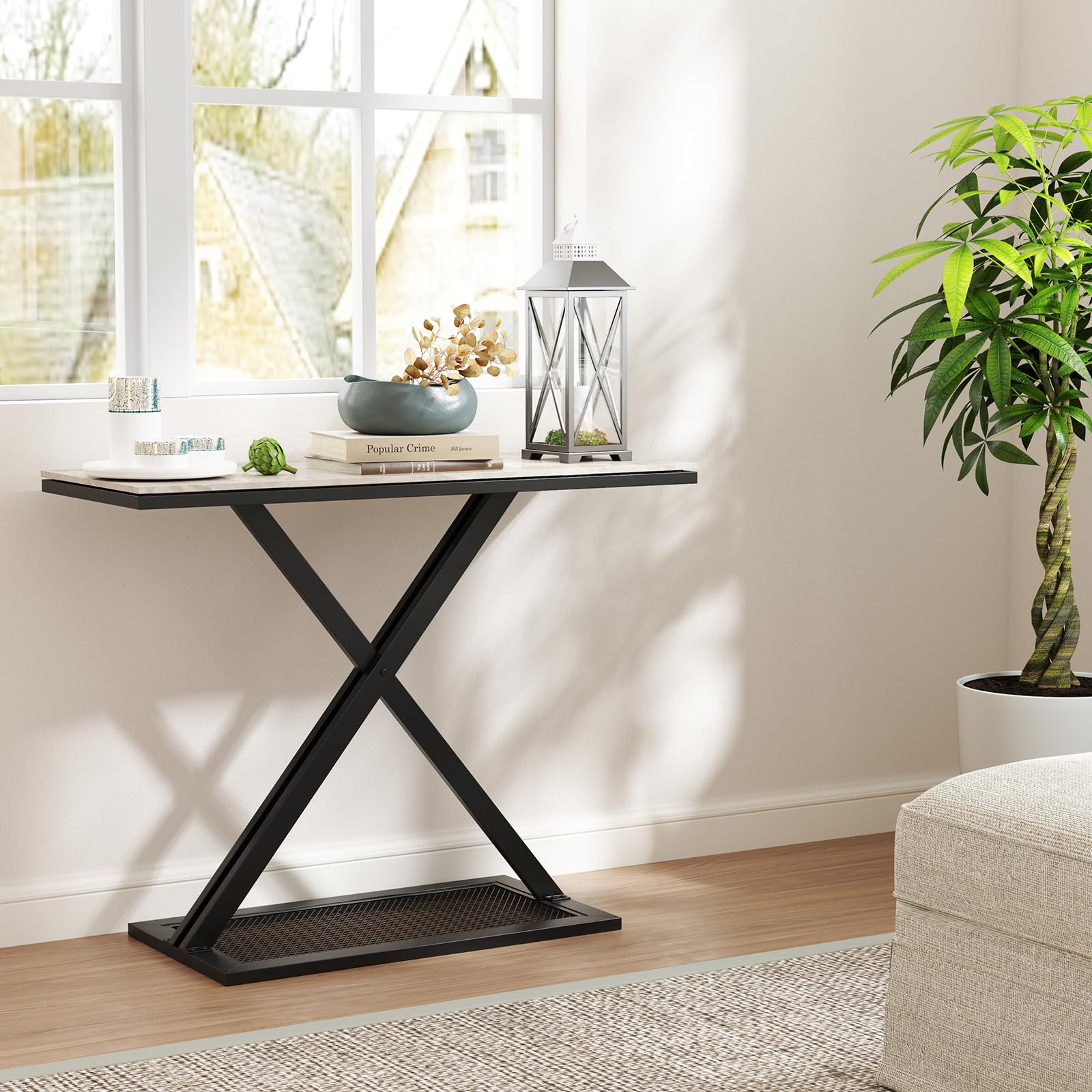 COSTWAY Mesa Consola con Encimera de Mármol, Mesita de Entrada con Marco Metálico, Mesa para Recibidor con Almohadillas Ajustables para Salón, Pasillo, Recibidor, 100 x 40 x 77,5 cm