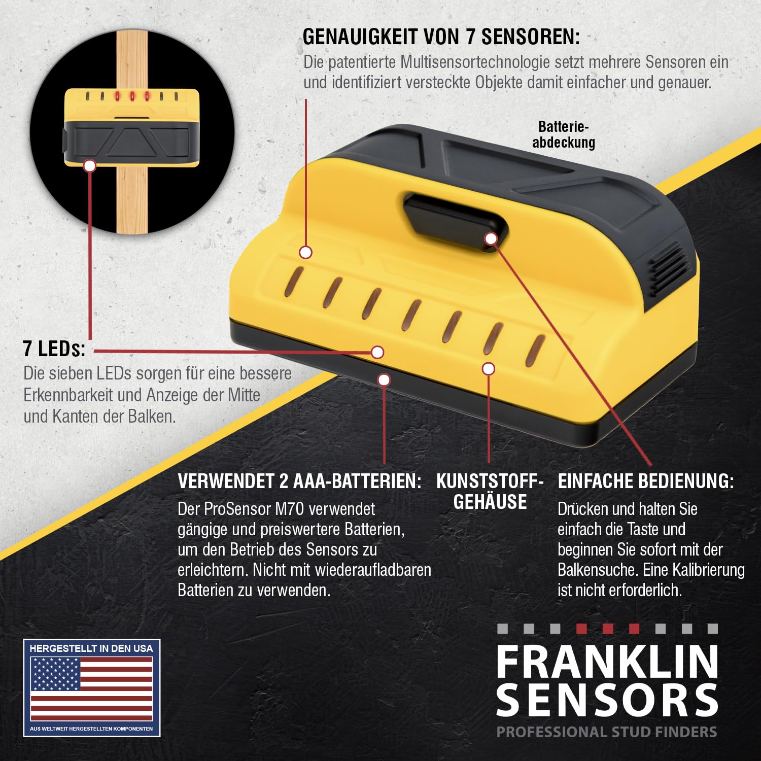 Franklin Sensors ProSensor M70 Professioneller Balkenfinder mit 7 Sensoren für höchste Genauigkeit erkennt Holz & Metallbolzen mit unglaublicher Geschwindigkeit, Gelb