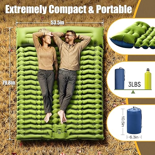 Miniatura 2 de Colchoneta de dormir doble  Autoinflable de 4 pulgadas extra gruesa para 2 personas con almohada con bomba de pie incorporada, alfombrilla inflable