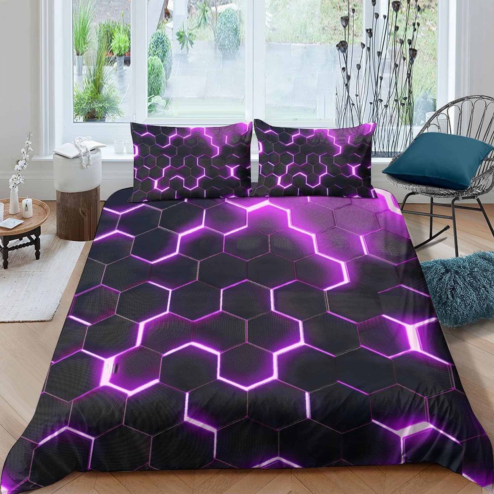 Ctjqhvkz Style-6 3D Printed Neon Hexagon Fitted Sheet Microfiber Soft Purple Lightning Bed Cover For Bedroom Dorm Mattress Protection Decor Single（135X200cm）