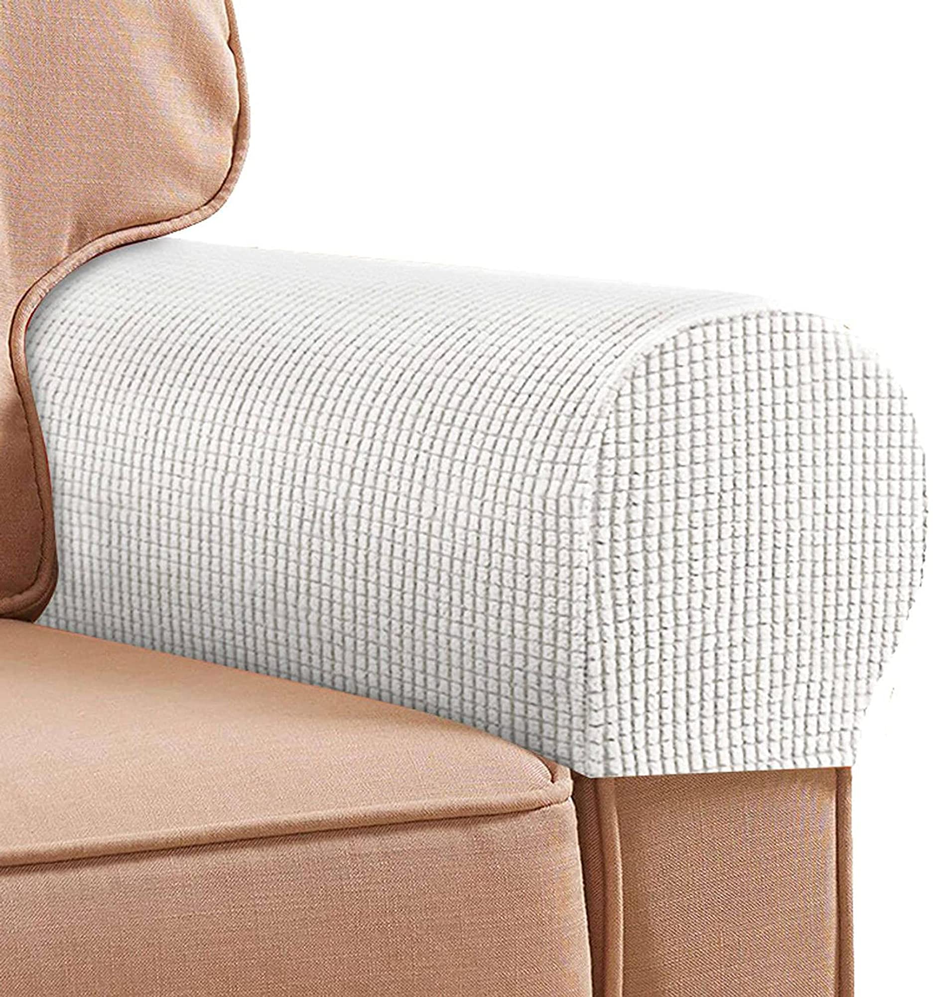 Hruile Stretch Armrest Covers Non Slip Soft Furniture Protector Covers for Recliner Sofa, Spandex Polyester Sofa Chair Arm Caps Slipcovers, Washable, Set Of 4,White