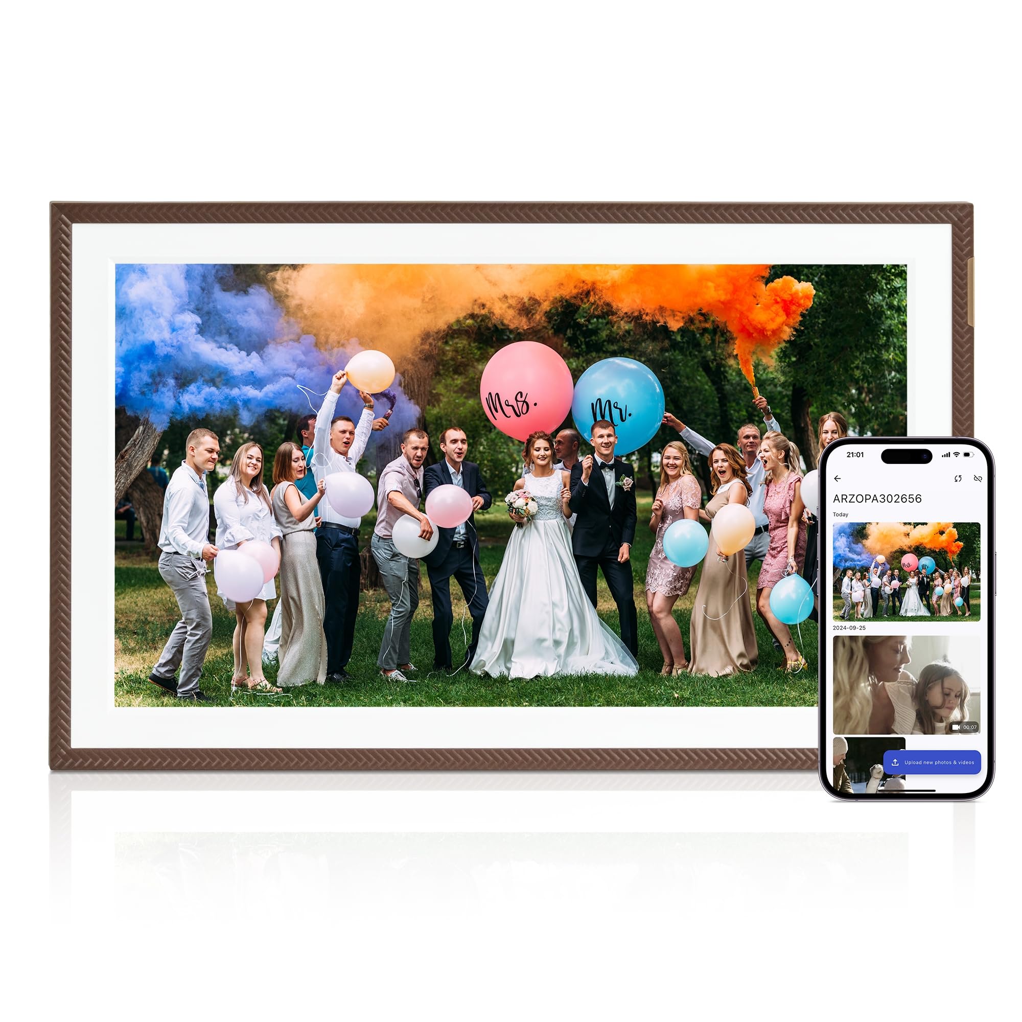 Digital Photo Frame WiFi 15.6 Inch 32GB 1920x1080 IPS FHD Touch Screen Free Arzopa App Remote Sharing Unlimited Photos & Videos Large Digital Picture Frame Perfect for Gifting - D15 Brown