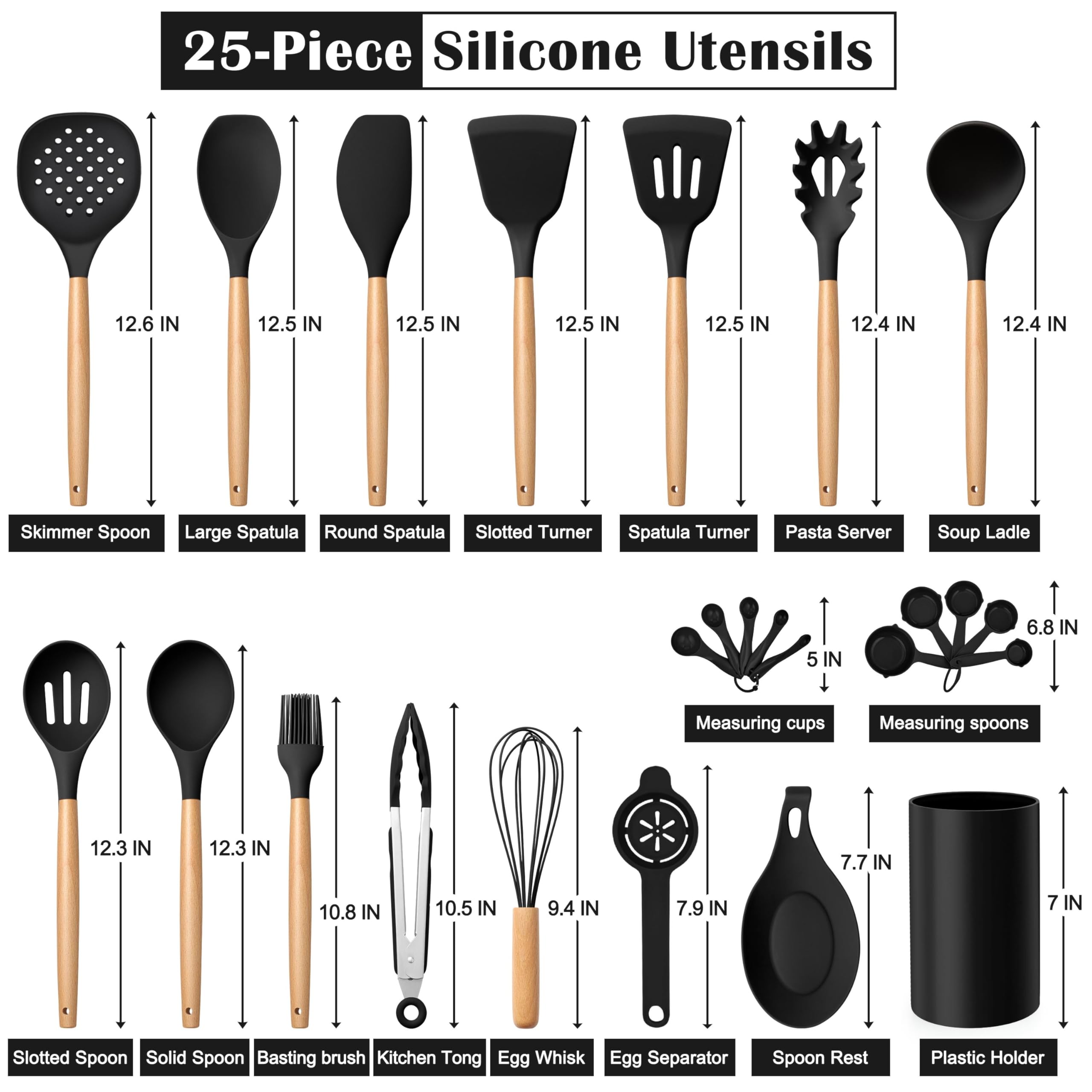 E-far Juego de utensilios de cocina negros con soporte, juego de utensilios de cocina de silicona de 25 piezas con mango de madera para utensilios de cocina antiadherentes, herramienta de cocina