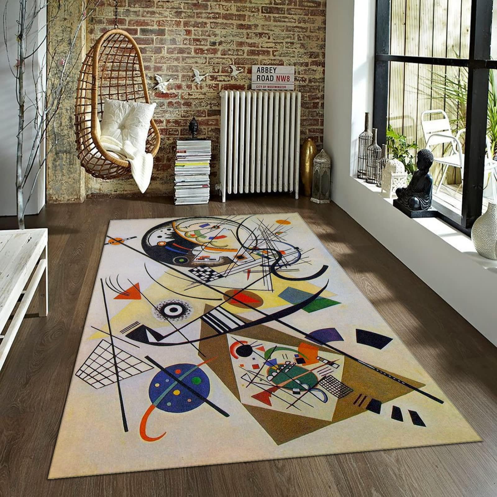Art Abstract Expressionism Artwork Tapis de Salon 150x180cm Tapis Beige Intérieur, Tapis Abstrait Géométrique Figure, Antidérapant Doux Tapis de Sol pour Cuisine, Salle de Bain, Chambre