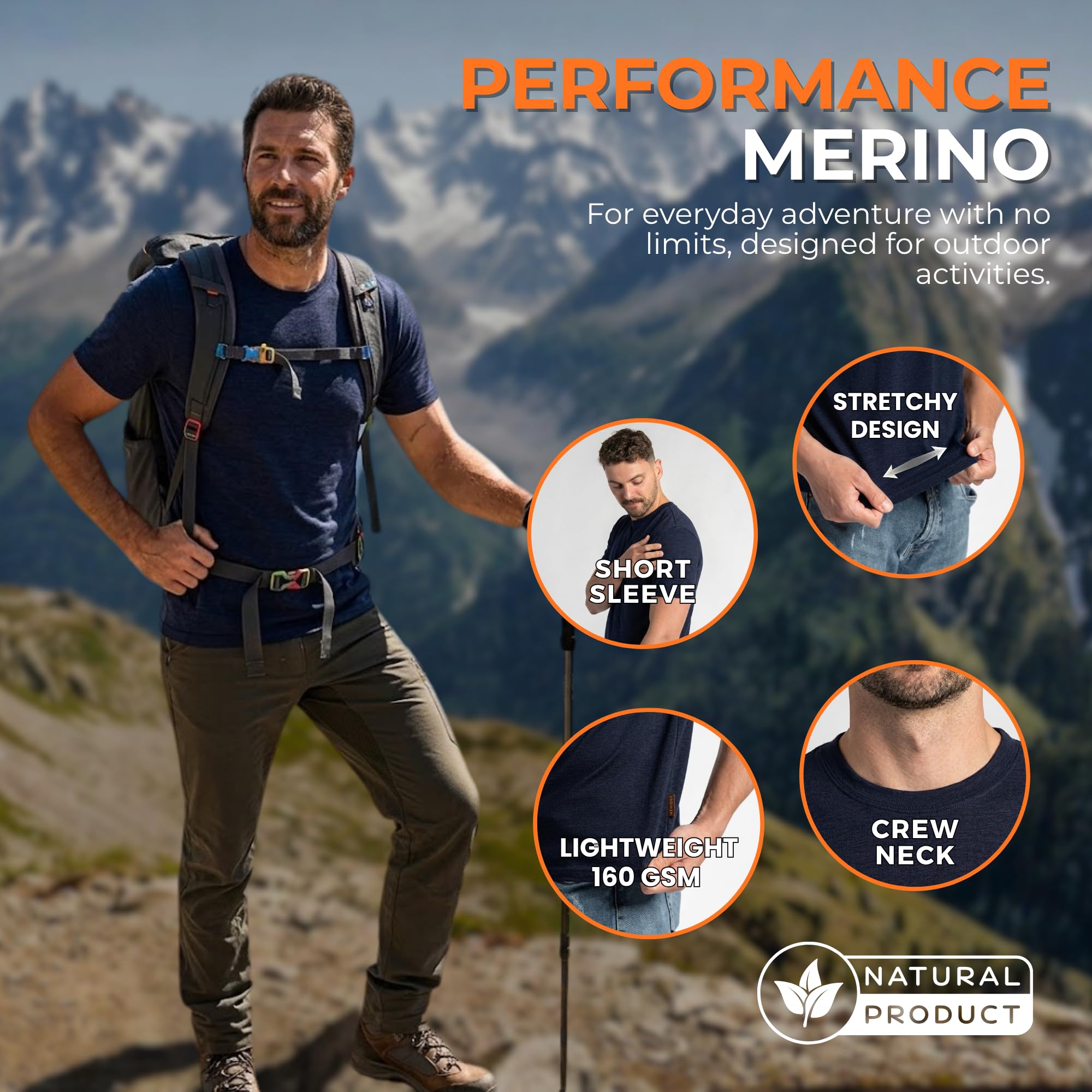 menique Maglietta a maniche corte da uomo in 100% merino, leggera, termica, strato base, traspirante, maglietta a girocollo, per viaggi ed escursioni all'aperto